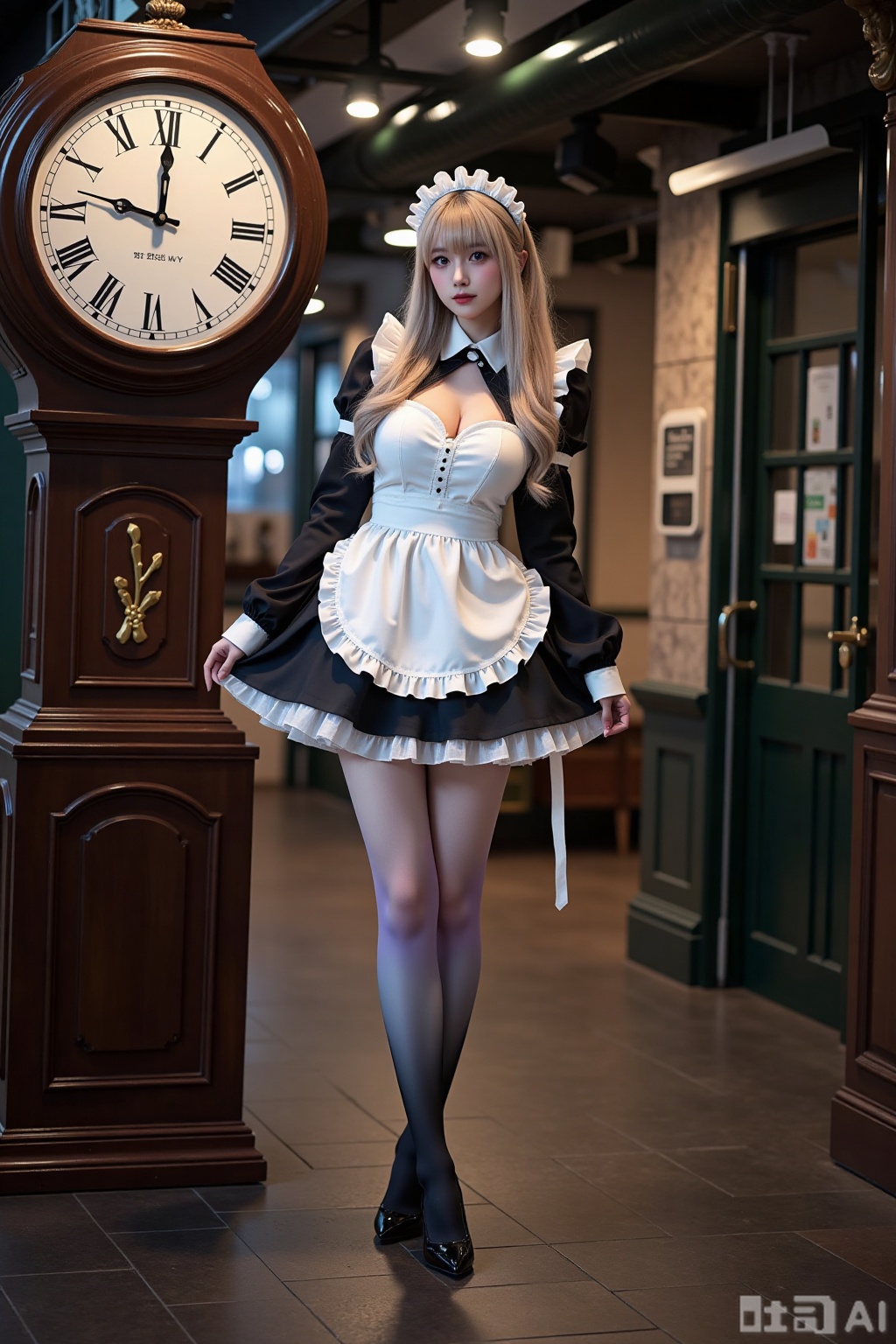 Realistic photo of a young woman with long hair, fair skin, big breasts, gradient maid, (gradient stockings), long legs, sequins high heels, full body, magic big clock, magic train station,