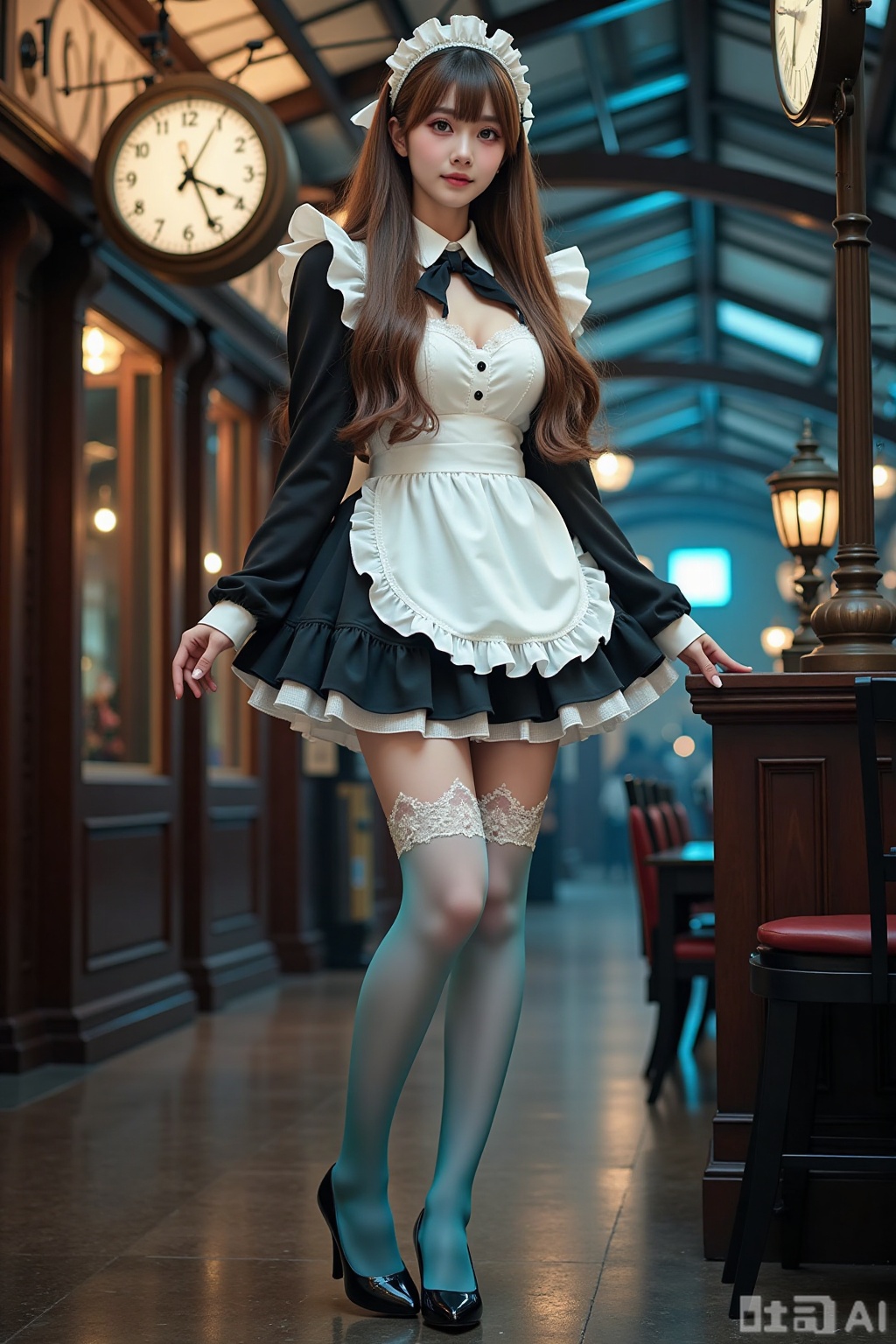 Realistic photo of a young woman with long hair, fair skin, big breasts, gradient maid, (gradient stockings), long legs, sequins high heels, full body, magic big clock, magic train station,