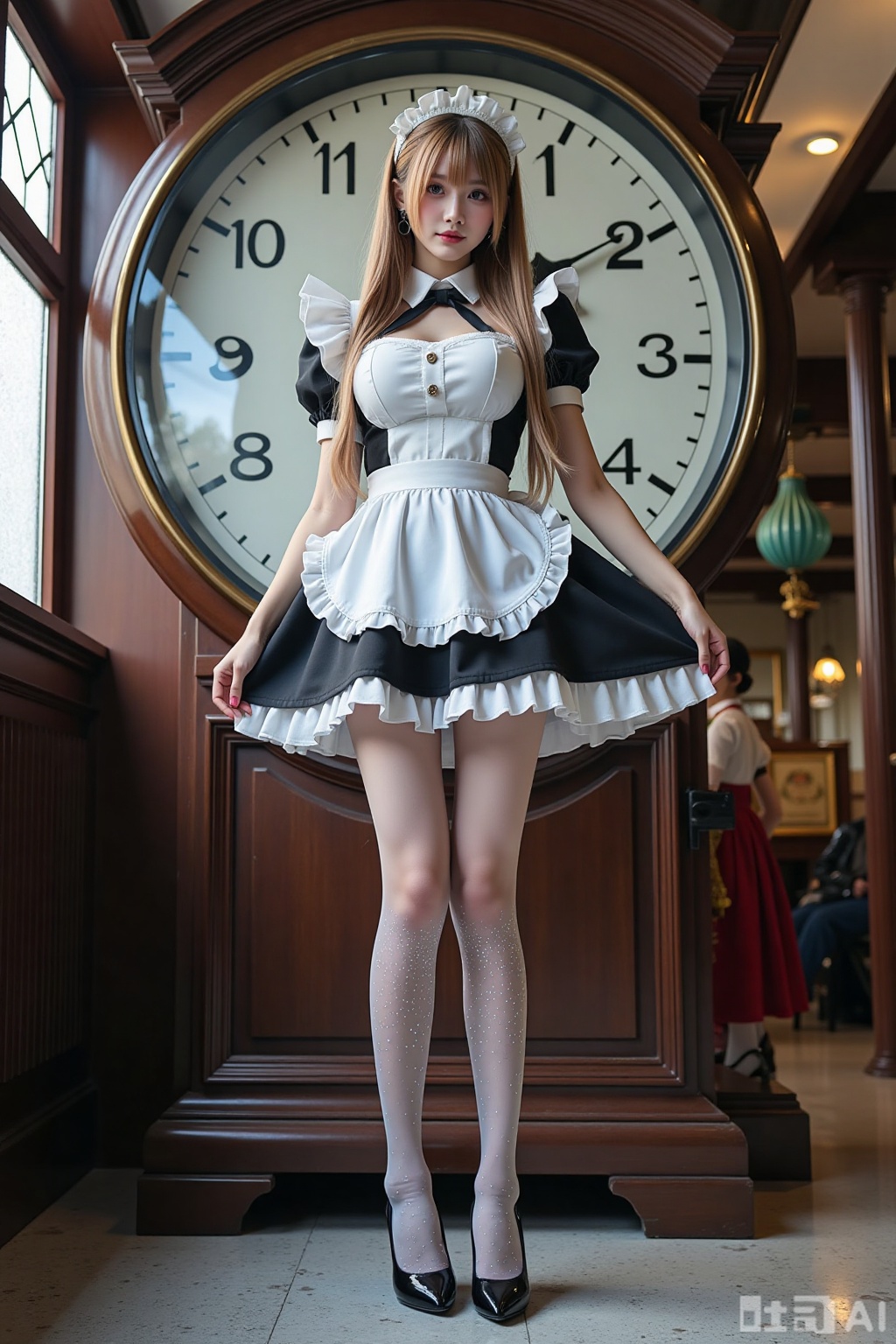 Realistic photo of a young woman with long hair, fair skin, big breasts, gradient maid, (gradient stockings), long legs, sequins high heels, full body, magic big clock, magic train station,