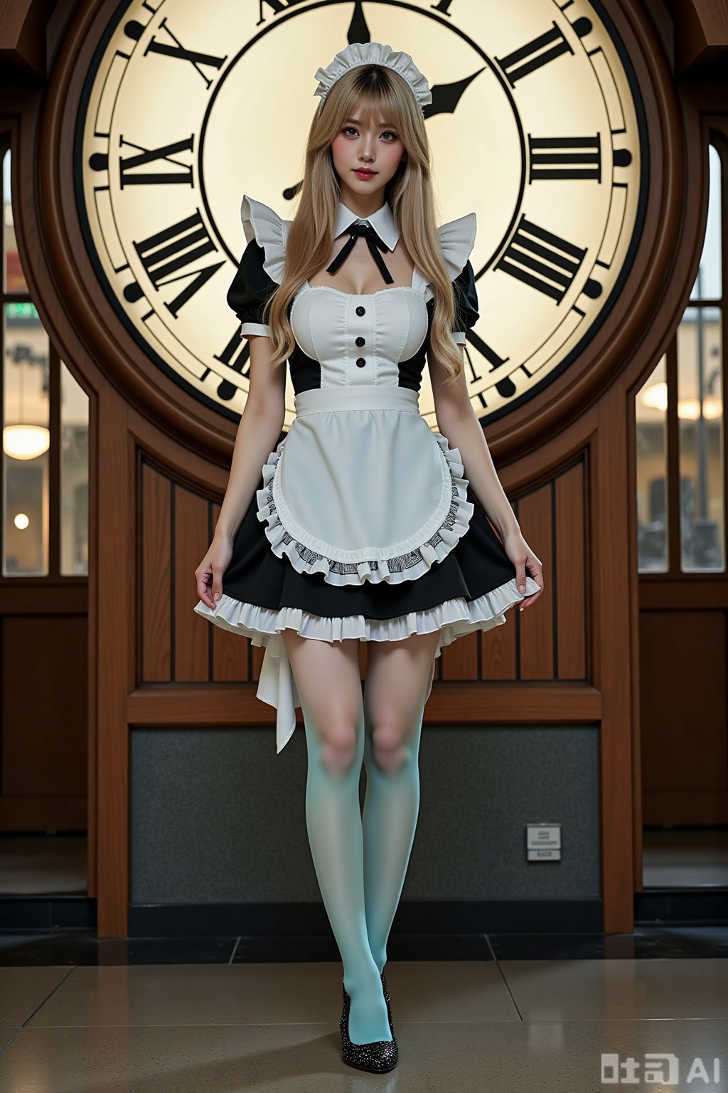 Realistic photo of a young woman with long hair, fair skin, big breasts, gradient maid, (gradient stockings), long legs, sequins high heels, full body, magic big clock, magic train station,