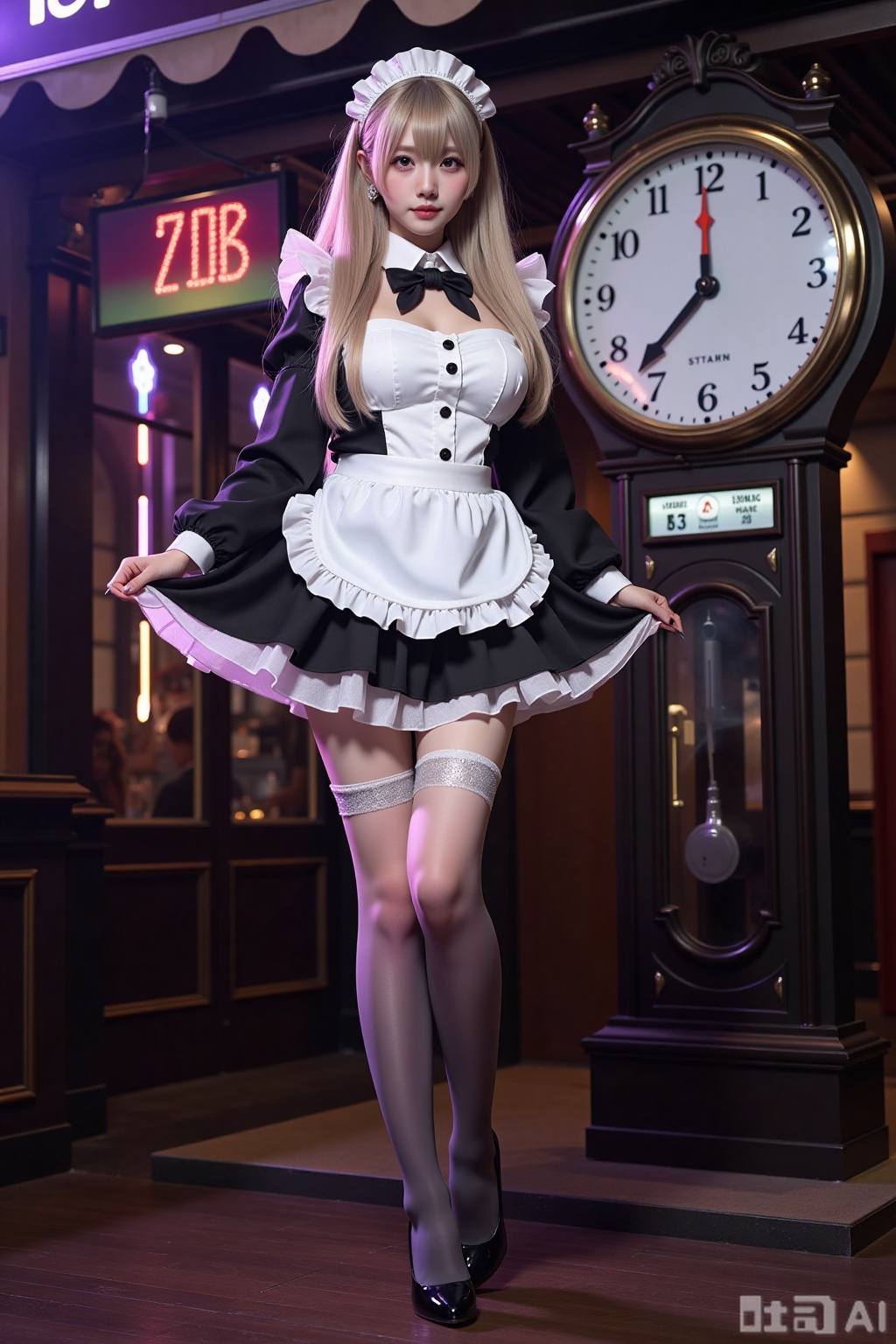 Realistic photo of a young woman with long hair, fair skin, big breasts, gradient maid, (gradient stockings), long legs, sequins high heels, full body, magic big clock, magic train station,