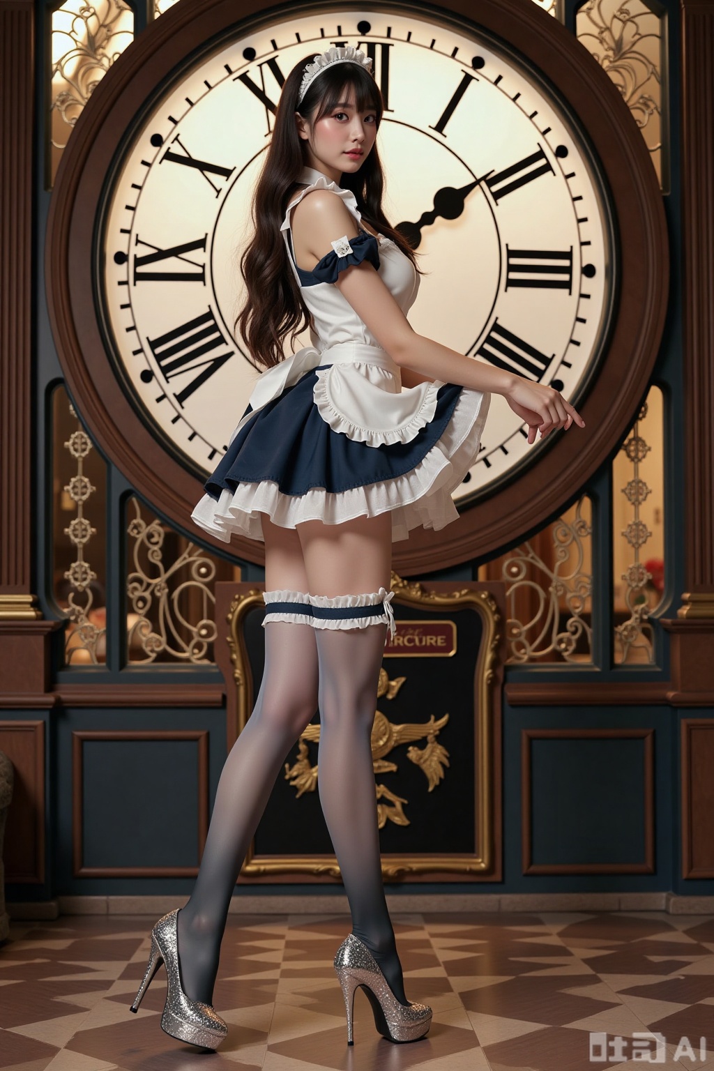 Realistic photo of a young woman with long hair, fair skin, big breasts, gradient maid, (gradient stockings), long legs, sequins high heels, full body, magic big clock, magic train station,