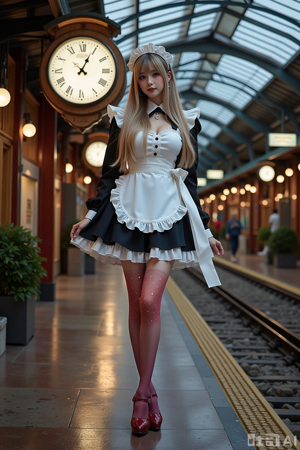 Realistic photo of a young woman with long hair, fair skin, big breasts, gradient maid, (gradient stockings), long legs, sequins high heels, full body, magic big clock, magic train station,