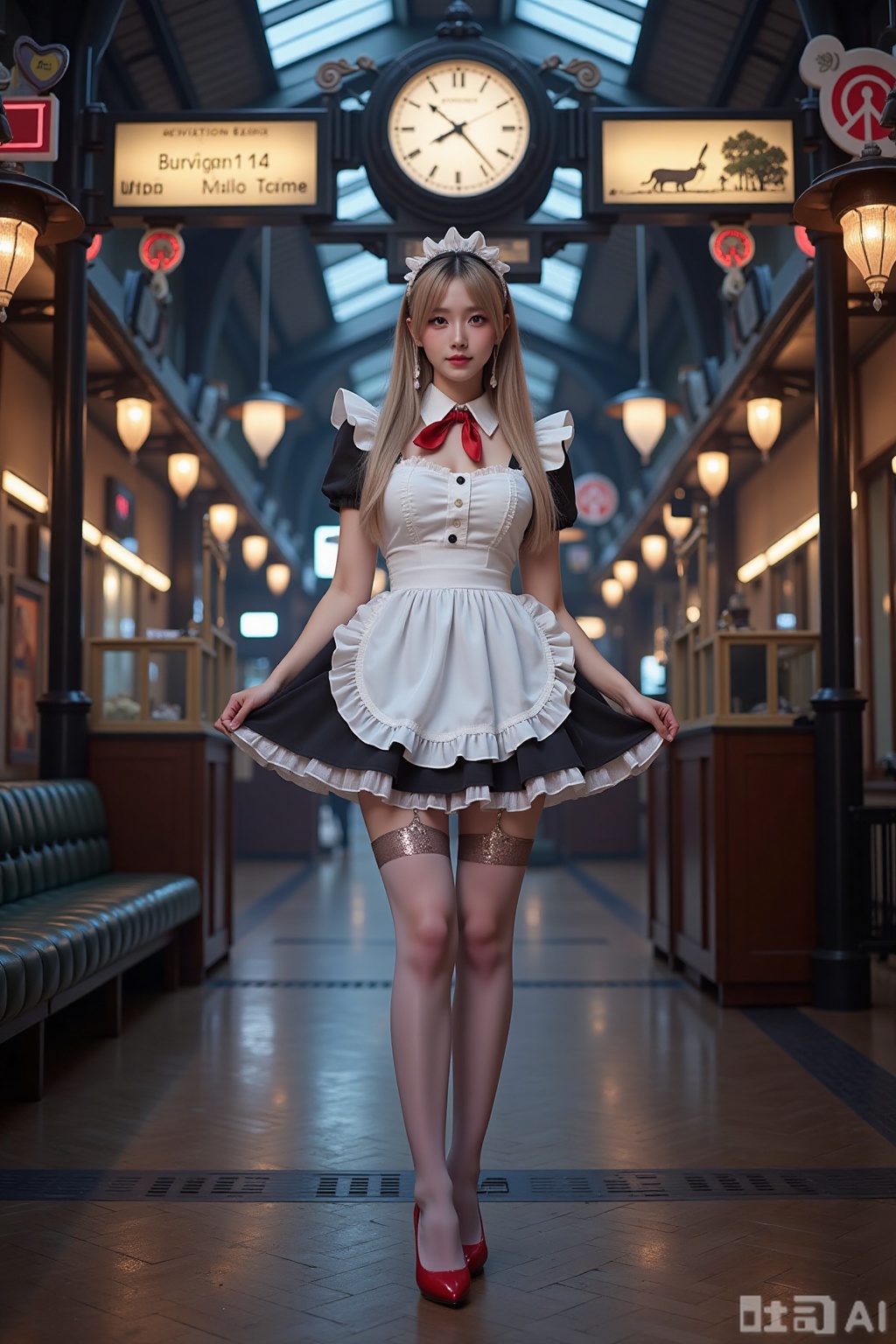 Realistic photo of a young woman with long hair, fair skin, big breasts, gradient maid, (gradient stockings), long legs, sequins high heels, full body, magic big clock, magic train station,