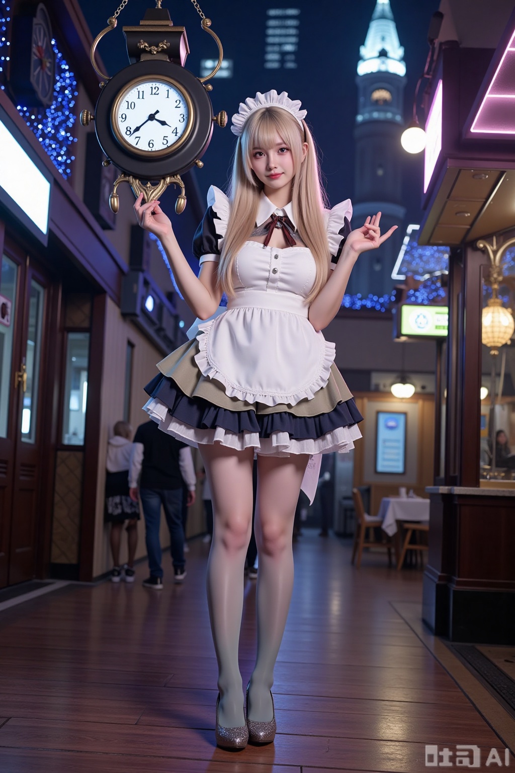 Realistic photo of a young woman with long hair, fair skin, big breasts, gradient maid, gradient stockings, long legs, sequins gradient high heels, full body, magic big clock, magic train station,