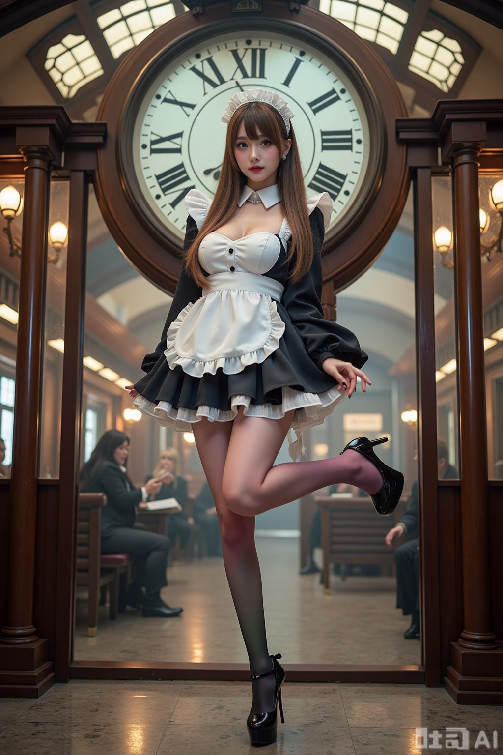 Realistic photo of a young woman with long hair, fair skin, big breasts, gradient maid, (gradient stockings), long legs, sequins high heels, full body, magic big clock, magic train station,