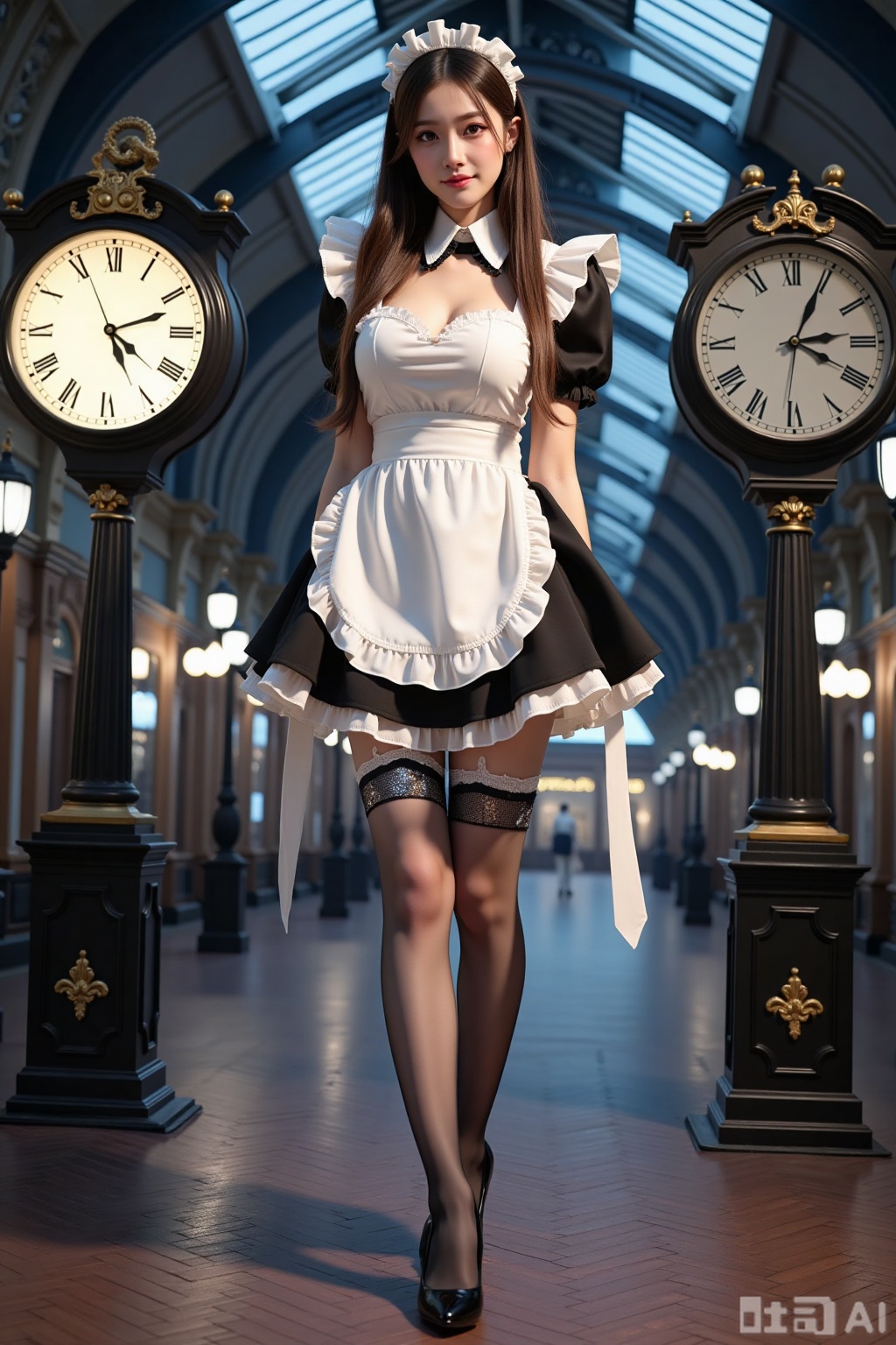 Realistic photo of a young woman with long hair, fair skin, big breasts, gradient maid, (gradient stockings), long legs, sequins high heels, full body, magic big clock, magic train station,