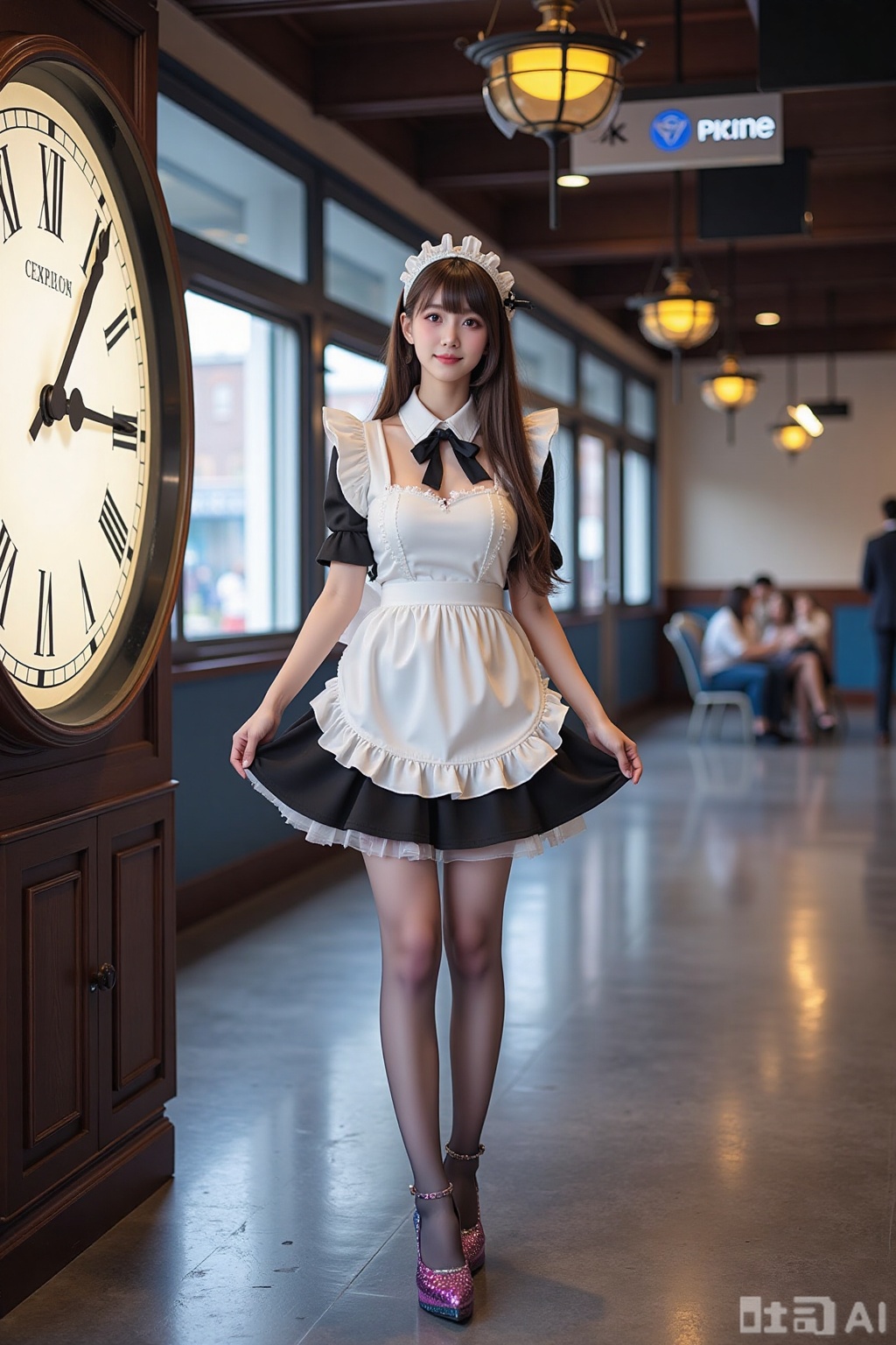 Realistic photo of a young woman with long hair, fair skin, big breasts, gradient maid, gradient stockings, long legs, sequins gradient high heels, full body, magic big clock, magic train station,