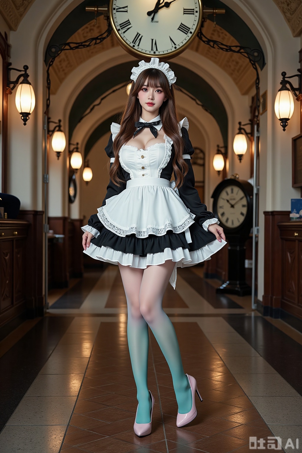 Realistic photo of a young woman with long hair, fair skin, big breasts, gradient maid, (gradient stockings), long legs, sequins high heels, full body, magic big clock, magic train station,