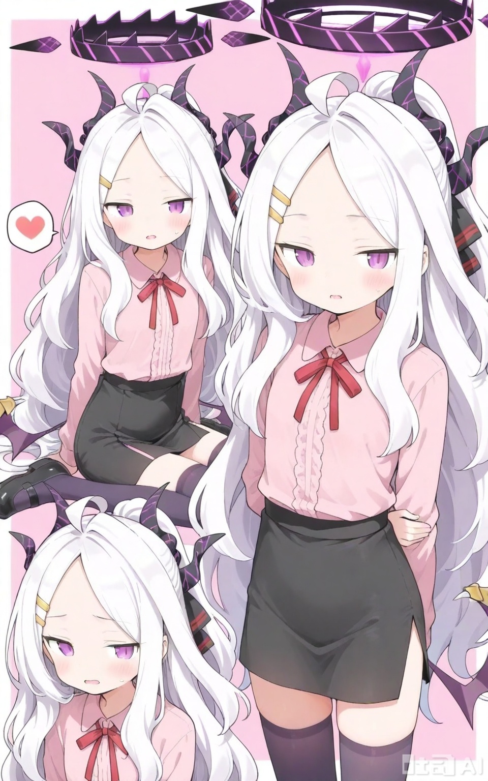 1girl, long hair, looking at viewer, blush, open mouth, bangs, skirt, shirt, hair ornament, thighhighs, long sleeves, ribbon, sitting, standing, purple eyes, full body, ahoge, white hair, heart, wings, horns, shoes, hairclip, black skirt, black footwear, zettai ryouiki, parted bangs, multiple views, halo, demon horns, spoken heart, demon wings, pink shirt, multiple horns, hina \(blue archive\),qsss2