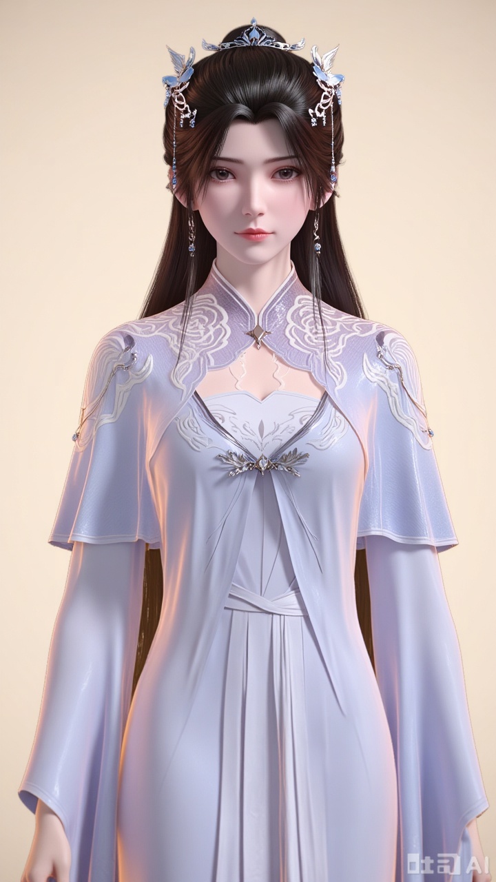 
1girl

solo

long hair

looking at viewer

simple background

brown hair

black hair

hair ornament

long sleeves

dress

jewelry

upper body

earrings

white dress

expressionless

chinese clothes

limuwan