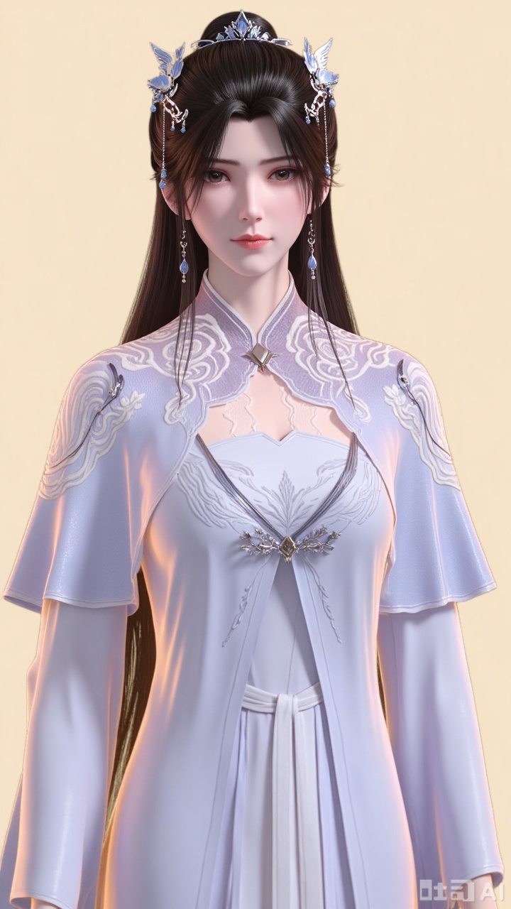 
1girl

solo

long hair

looking at viewer

simple background

brown hair

black hair

hair ornament

long sleeves

dress

jewelry

upper body

earrings

white dress

expressionless

chinese clothes

limuwan