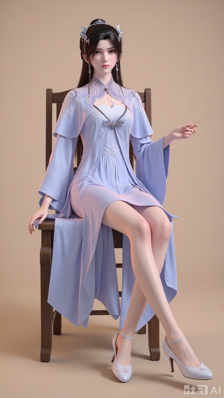 
1girl

solo

long hair

looking at viewer

simple background

black hair

hair ornament

long sleeves

dress

jewelry

sitting

closed mouth

full body

earrings

white dress

high heels

bare legs

blue dress

chair

chinese clothes

brown background

realistic

on chair

limuwan