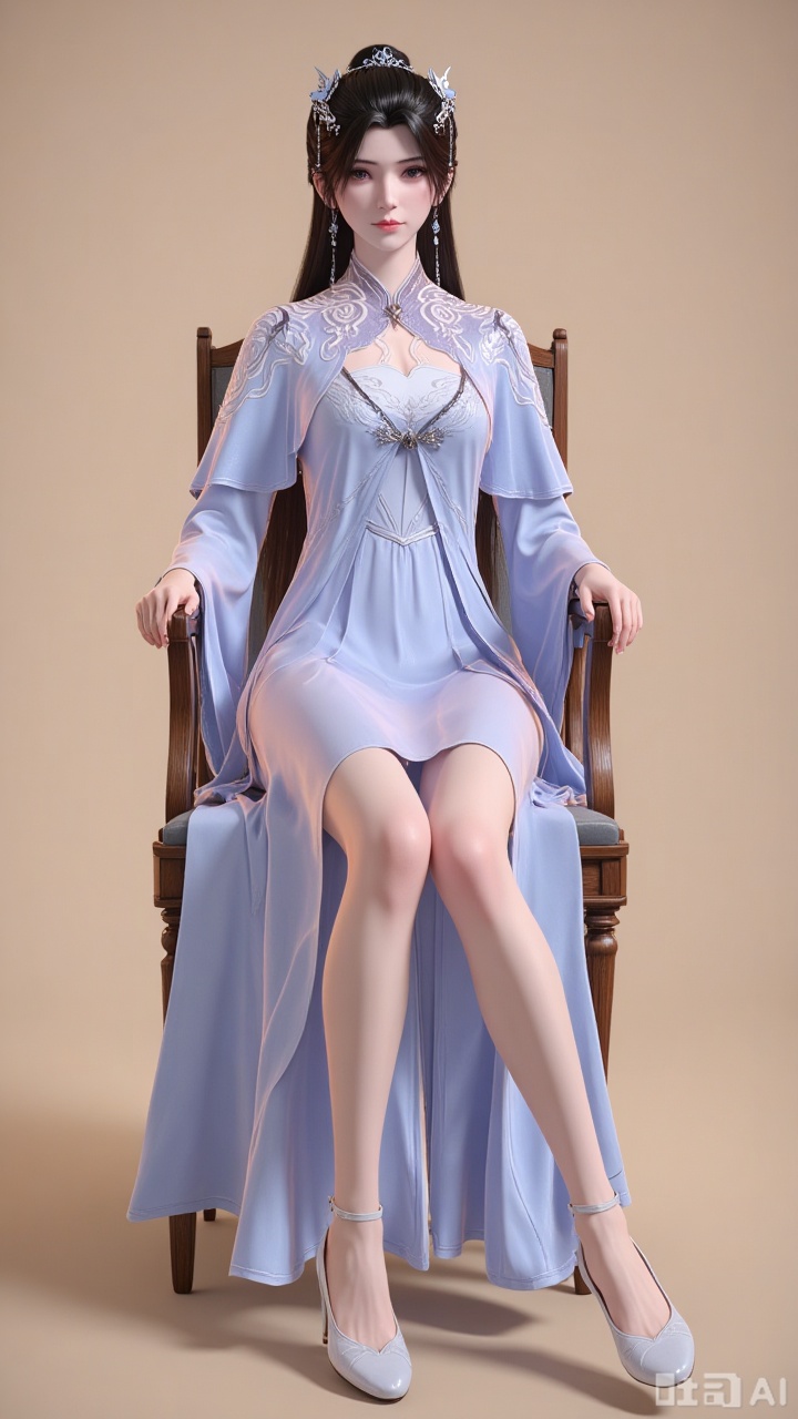 
1girl

solo

long hair

looking at viewer

simple background

black hair

hair ornament

long sleeves

dress

jewelry

sitting

closed mouth

full body

earrings

white dress

high heels

bare legs

blue dress

chair

chinese clothes

brown background

realistic

on chair

limuwan