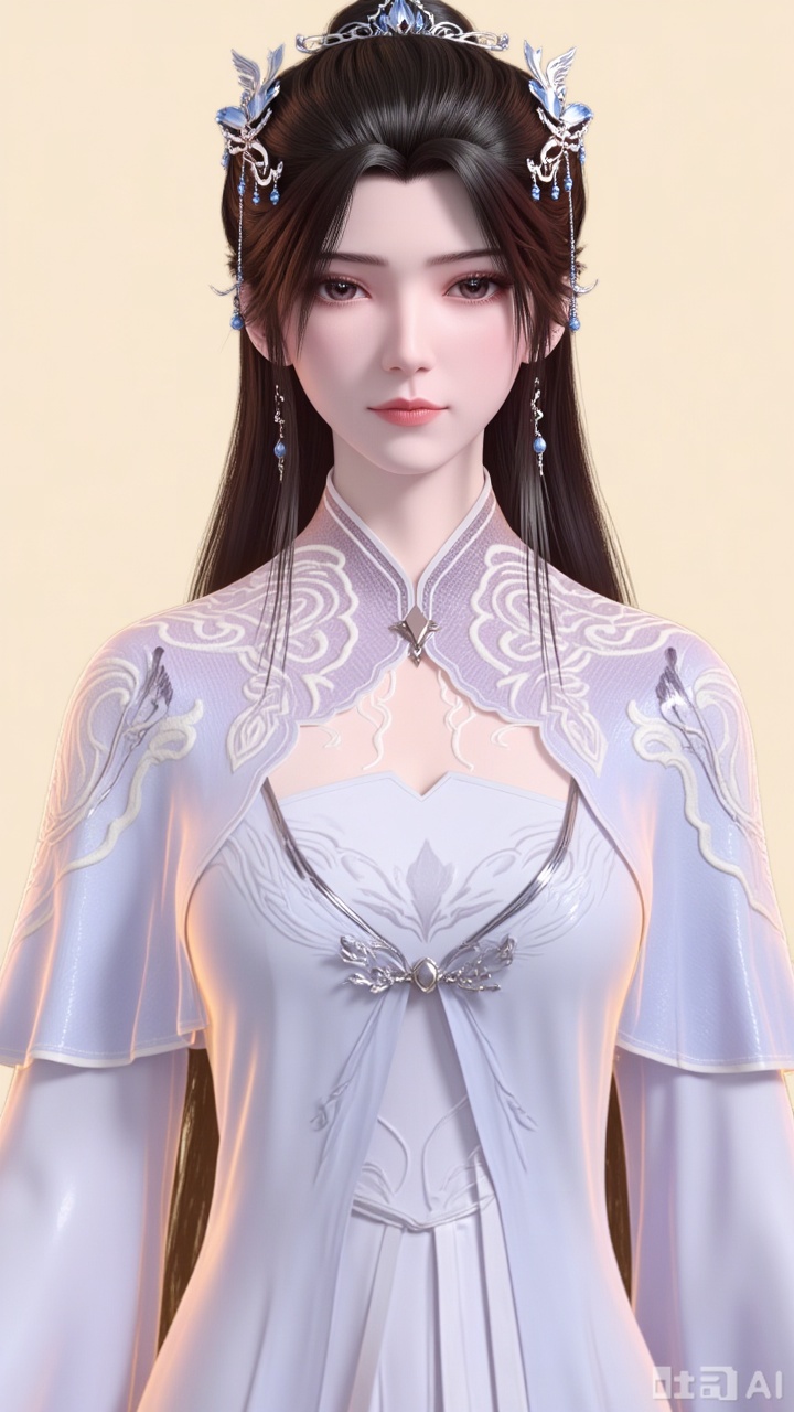 
1girl

solo

long hair

looking at viewer

simple background

brown hair

black hair

hair ornament

long sleeves

dress

jewelry

upper body

earrings

white dress

expressionless

chinese clothes

limuwan