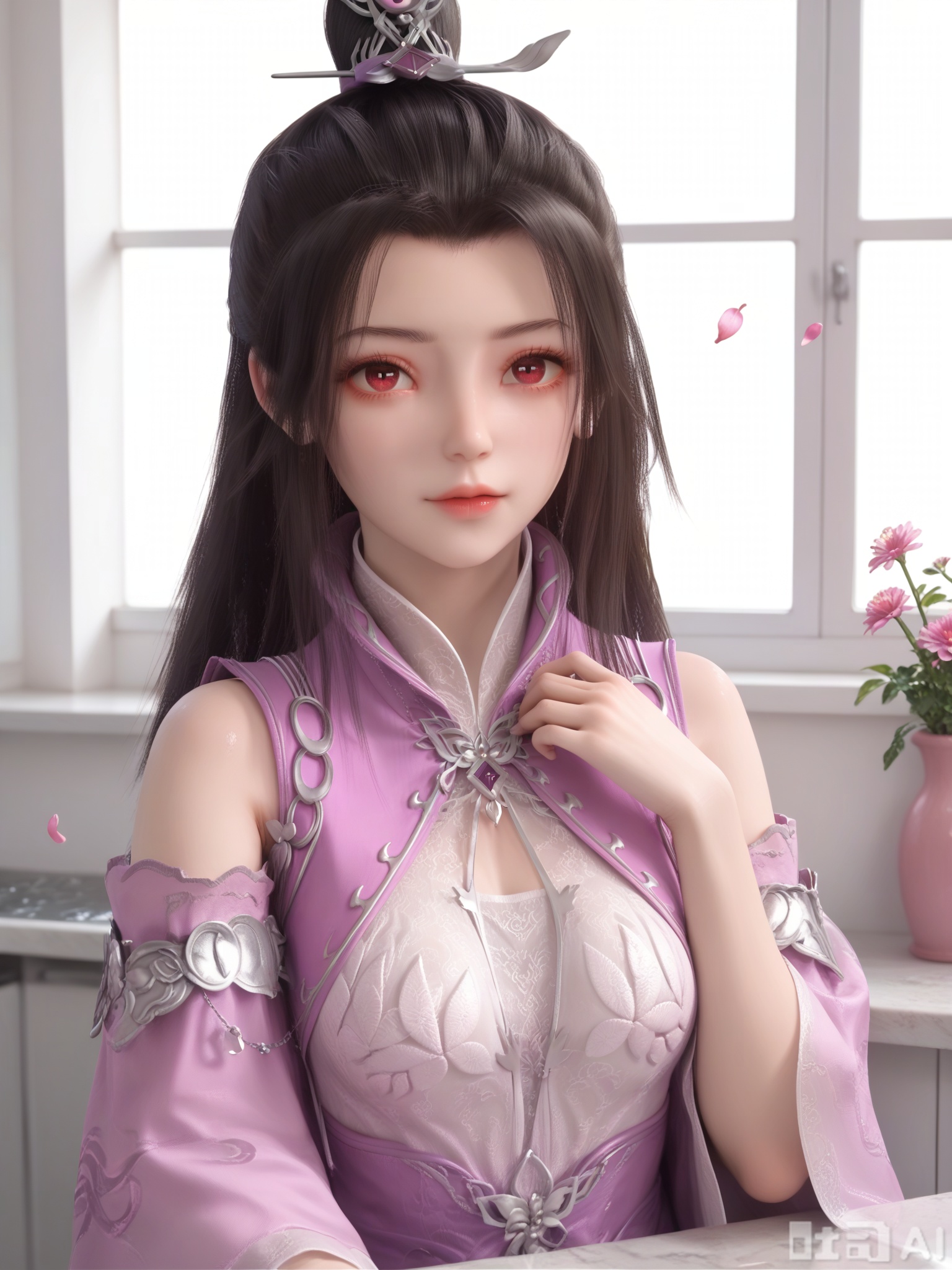 score_9,score_8_up,score_7_up,1girl,looking_at_viewer,realistic,1girl,Vivid Colors,bright environment,delicate water,shiny skin,shiny hair,reflection,flower sea,falling petals,extreme detail description,(upper body:1),put one hand on your side,kitchen,long_hair,extreme detail description,bright sunlight,frontal lighting,(upper body:0.3),put one hand on your chest,hair,long_hair,(skindentation:1.3),Fishnet stockings,hair,sunshine on face,bright_pupils,light_eyes,sitting_down,(pale_skin:1.3),white stocking,light_eyes,narrow hips,narrow waist,skinny,liumei