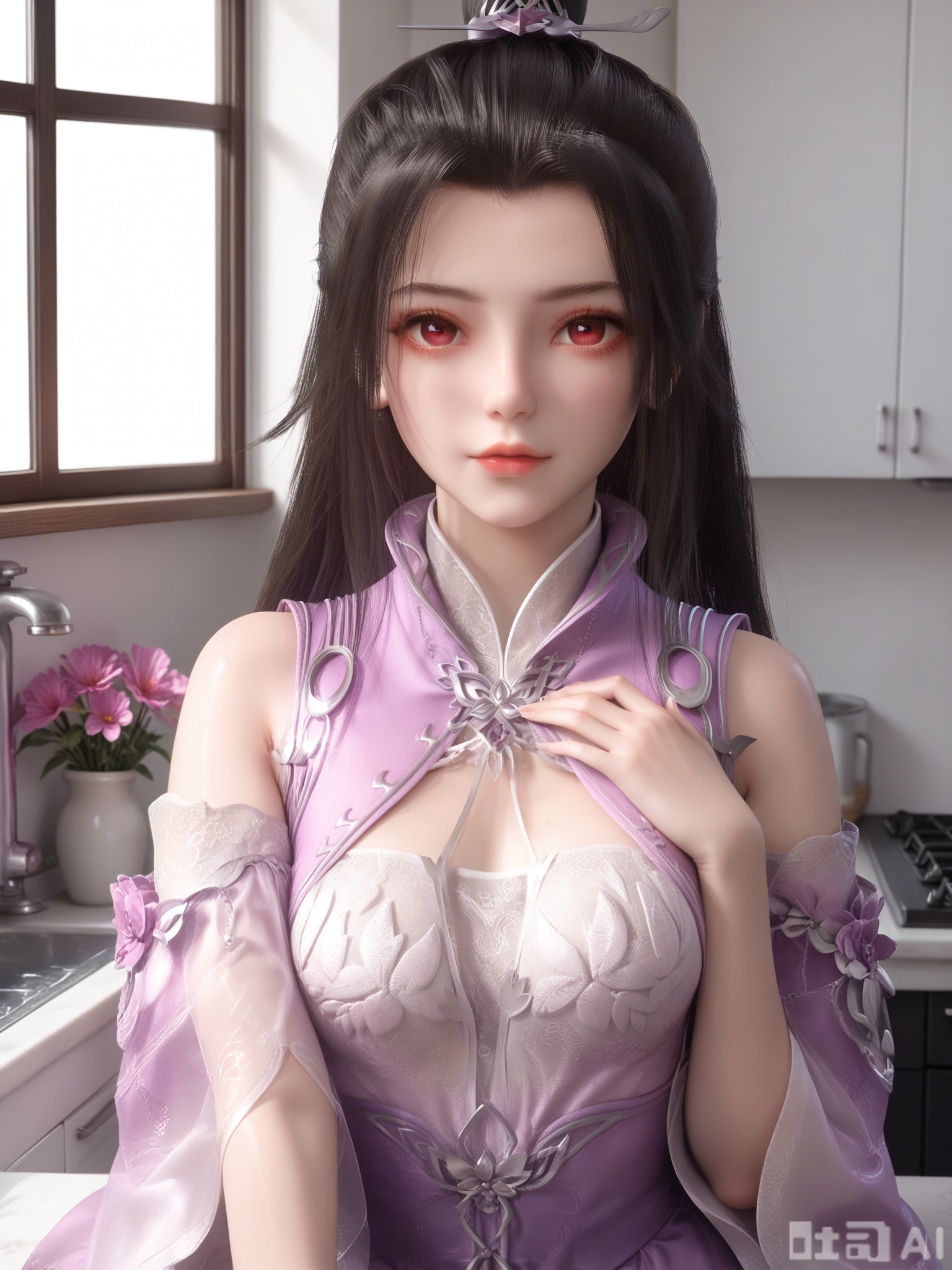 score_9,score_8_up,score_7_up,1girl,looking_at_viewer,realistic,1girl,Vivid Colors,bright environment,delicate water,shiny skin,shiny hair,reflection,flower sea,falling petals,extreme detail description,(upper body:1),put one hand on your side,kitchen,long_hair,extreme detail description,bright sunlight,frontal lighting,(upper body:0.3),put one hand on your chest,hair,long_hair,(skindentation:1.3),Fishnet stockings,hair,sunshine on face,bright_pupils,light_eyes,sitting_down,(pale_skin:1.3),white stocking,light_eyes,narrow hips,narrow waist,skinny,liumei