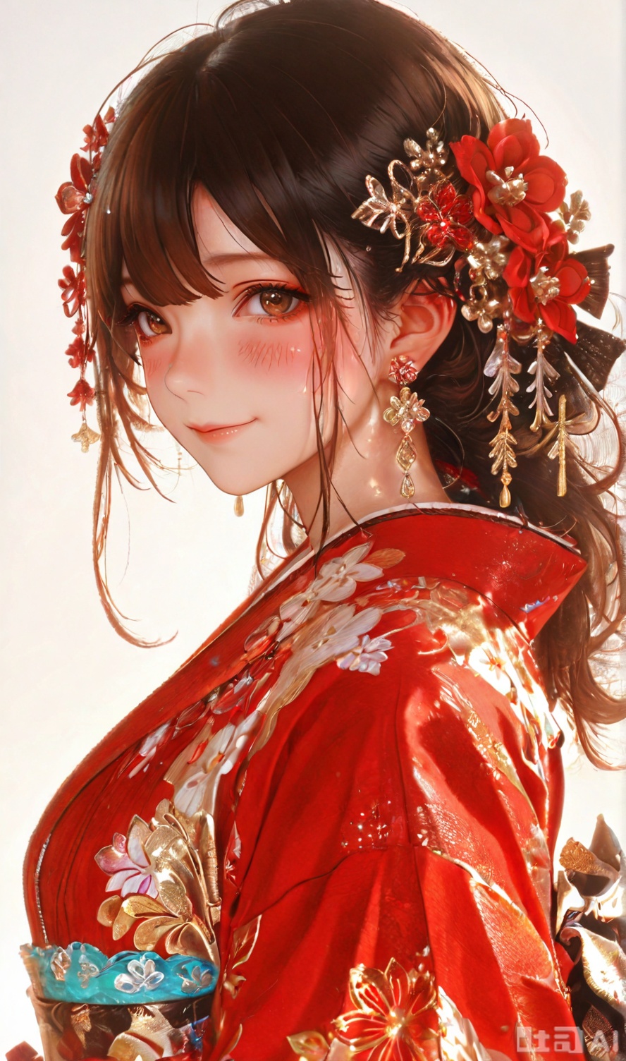 1girl, solo, long hair, looking at viewer, blush, smile, bangs, brown hair, black hair, hair ornament, brown eyes, jewelry, closed mouth, upper body, flower, earrings, japanese clothes, hair flower, kimono, from side, red flower, portrait, red kimono