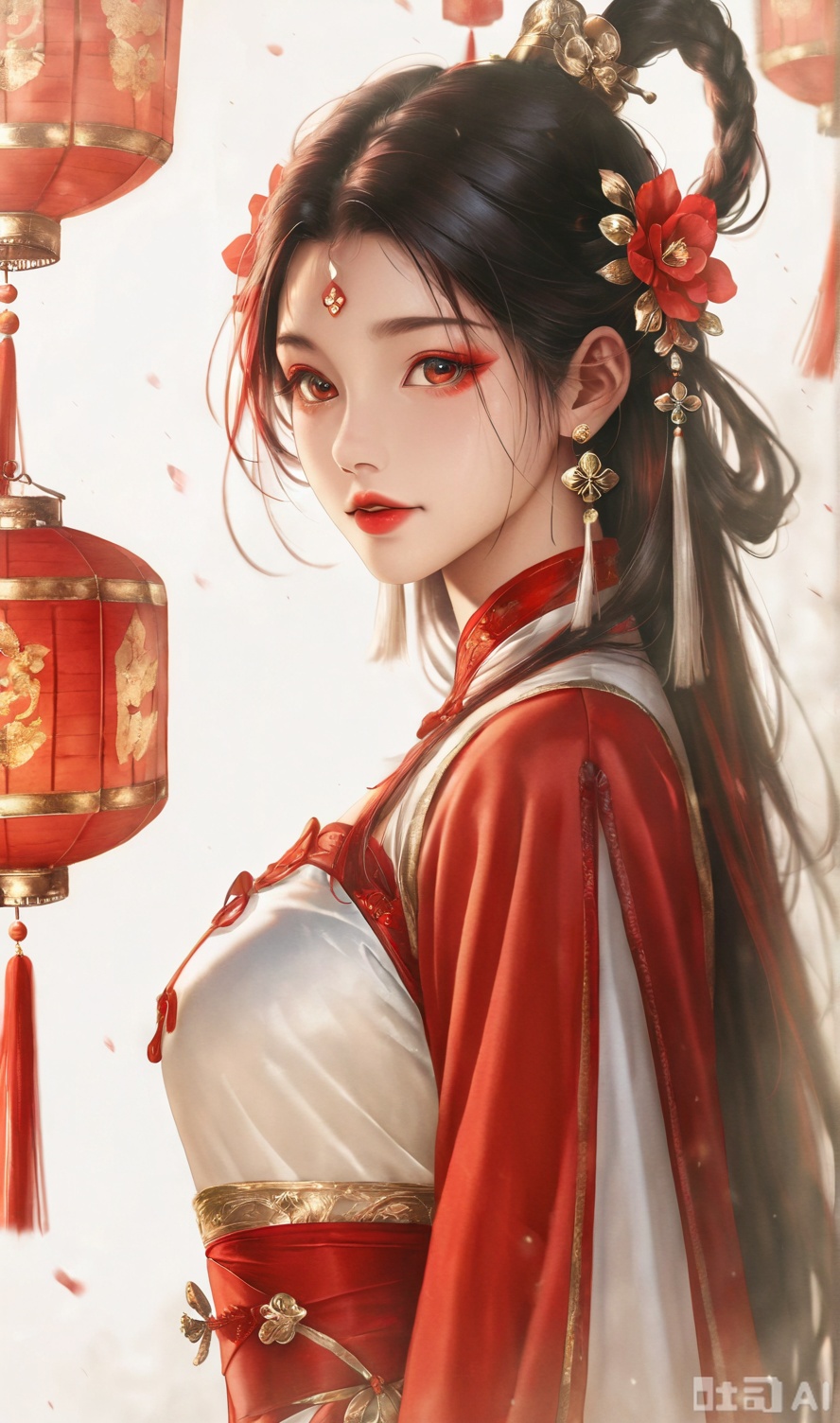 An ancient China girl, dressed in China ancient Hanfu, hung with red, China red and red lanterns, was photographed from the side, all over her body, her hair stuck and her hair flowered.