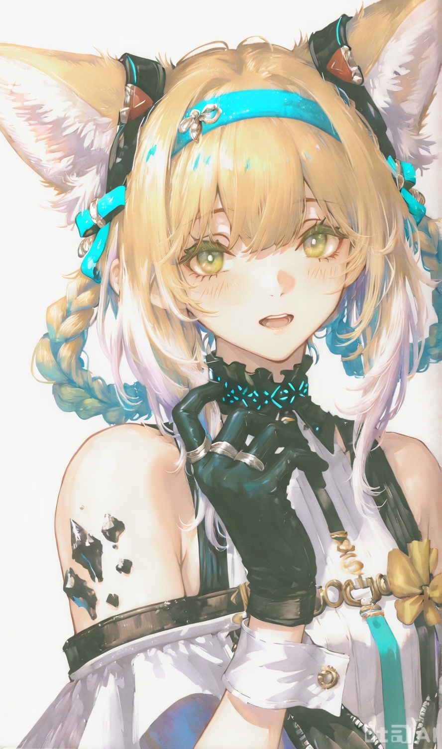  1girl animal_ears arknights art_tools_in_frame black_gloves blue_hairband braid braided_hair_rings character_name fox_ears fox_girl gloves green_eyes hair_rings hairband haru_(aona1122) highres infection_monitor_(arknights) looking_at_viewer open_mouth oripathy_lesion_(arknights) single_glove single_wrist_cuff solo suzuran_(arknights) traditional_media twin_braids upper_body wrist_cuffs