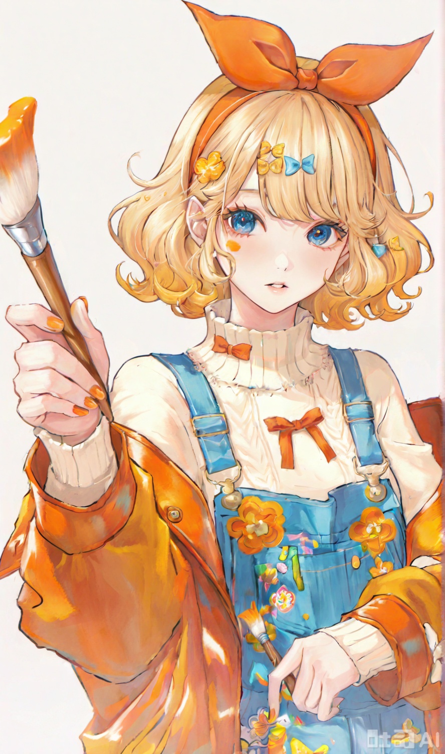 1girl, solo, short hair, bangs, blonde hair, simple background, hair ornament, long sleeves, bow, holding, jacket, upper body, flower, hair bow, hairband, off shoulder, nail polish, sweater, overalls, orange nails, holding paintbrush