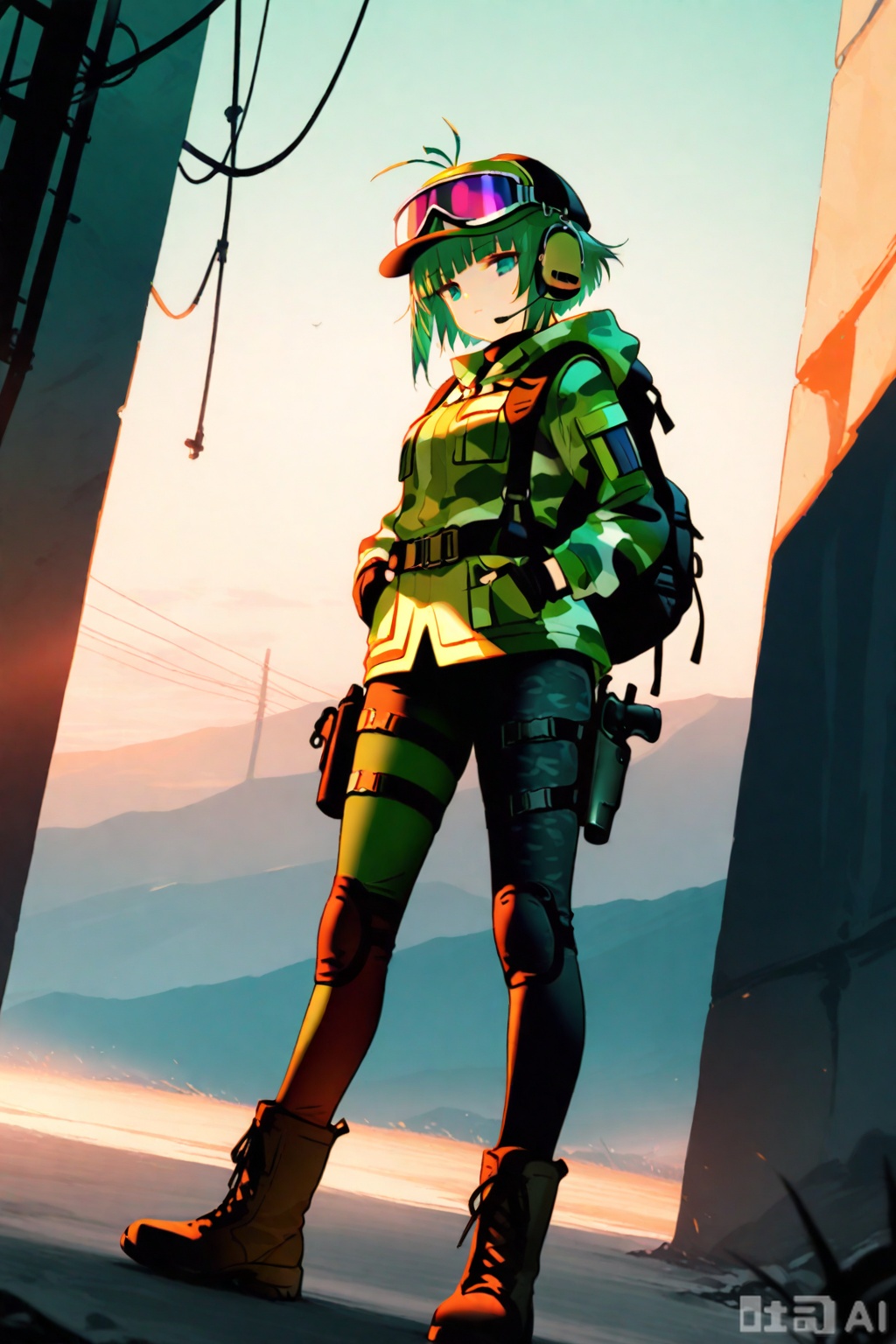 masterpiece,illustration,ultra detailed,hdr,Depth of field,,standing,looking_at_viewer,1girl,solo,best quality,camouflage,green hair,backpack,boots,cap,purple goggles,goggles on headwear,pants,jacket,hood,short hair,headset,green eyes,camouflage jacket,gloves,holster,thigh holster,radio antenna,military,headphones,leggings,closed mouth,camouflage pants,hood down,blunt bangs,green hair,dark green fingerless gloves,black belt,mole under left eye