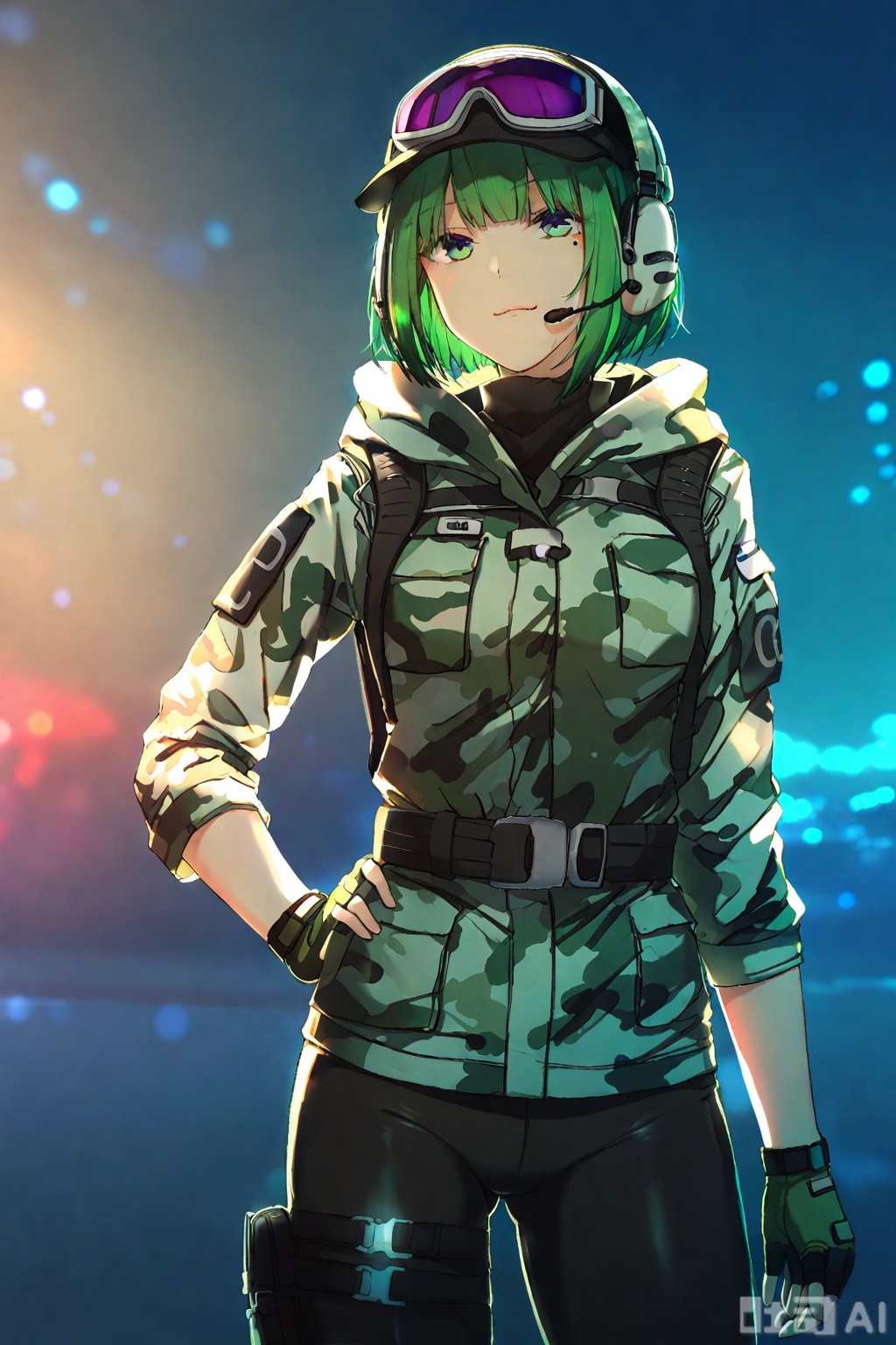 masterpiece,best quality,illustration,ultra detailed,hdr,Depth of field,(colorful),Artist rokusai, 1girl,night,looking_at_viewer,camouflage,solo,green hair,backpack,boots,cap,purple goggles,goggles on headwear,pants,jacket,hood,short hair,headset,green eyes,camouflage jacket,gloves,holster,thigh holster,radio antenna,military,headphones,leggings,closed mouth,camouflage pants,hood down,blunt bangs,green hair,dark green fingerless gloves,black belt,mole under left eye
