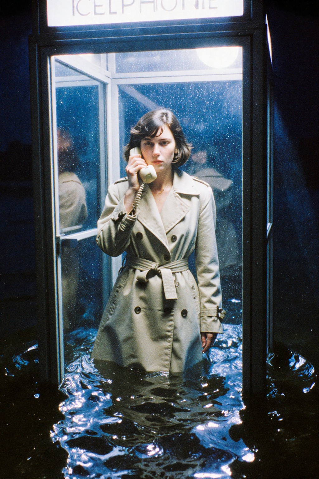 A moody,  cinematic night shot of a woman with a wet bob haircut wearing a beige trench coat. She stands inside a lit glas...