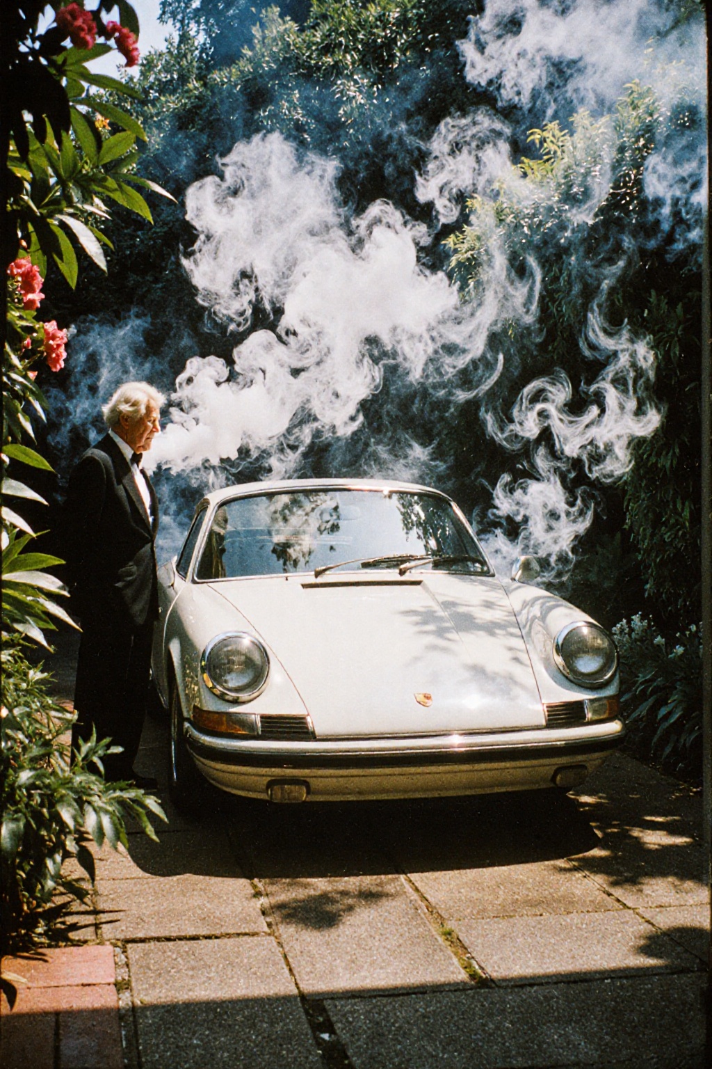 A surreal,  hazy shot of a white vintage Porsche 911 parked in a lush garden or courtyard. An older man in a suit stands n...