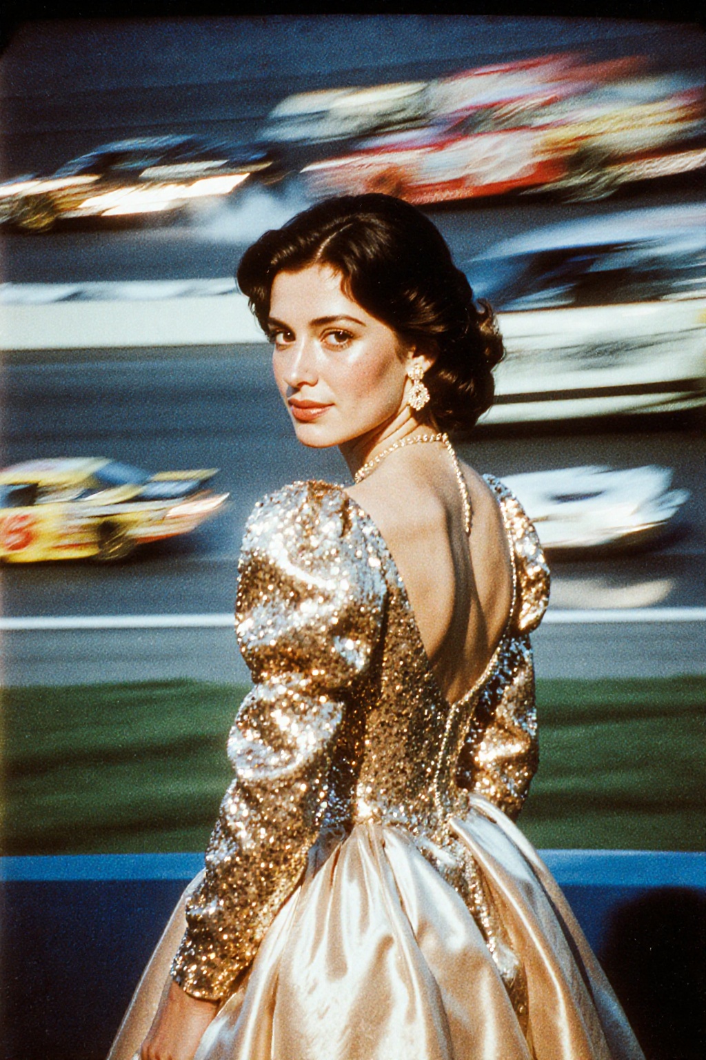 A medium shot of a young woman in a vintage,  sequined puff-sleeve prom dress,  looking back over her shoulder. The backgr...