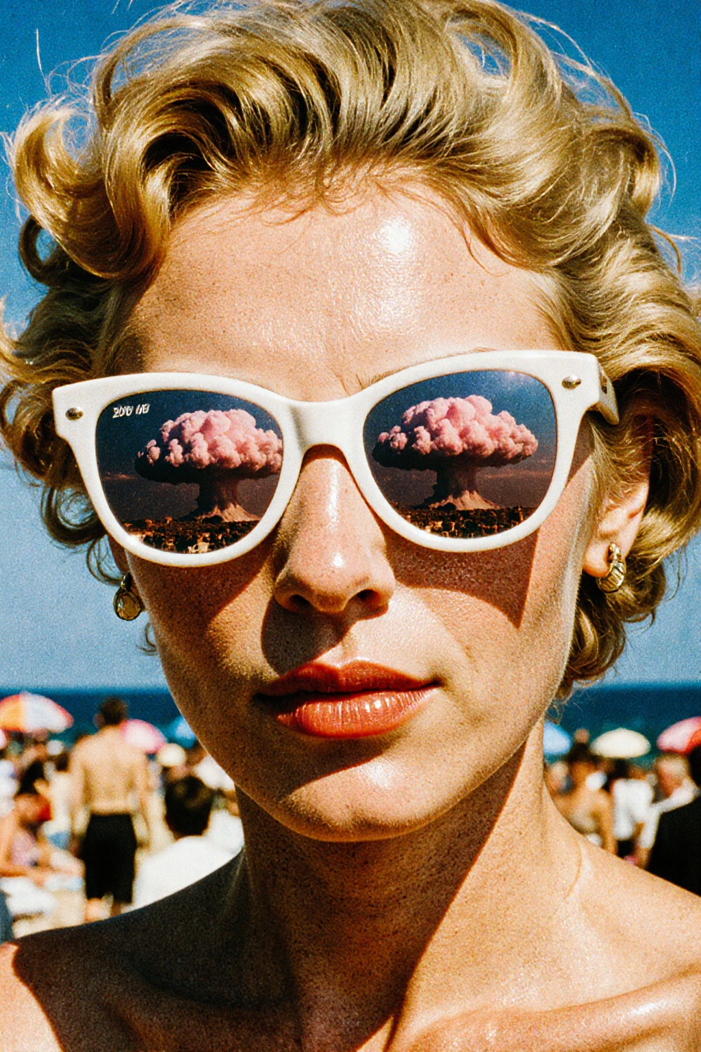 A vibrant,  high-contrast close-up portrait of a woman with a voluminous blonde bouffant hairstyle wearing oversized white...