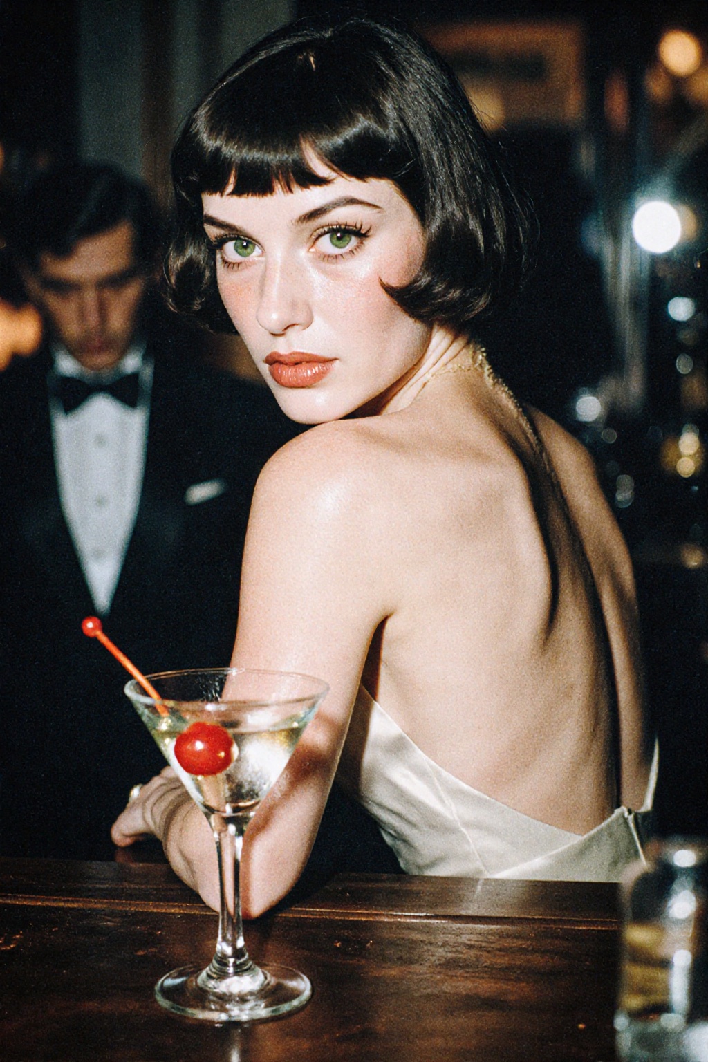 A moody,  low-light shot in a bar setting. A woman with a retro bob haircut looks back over her bare shoulder with piercin...