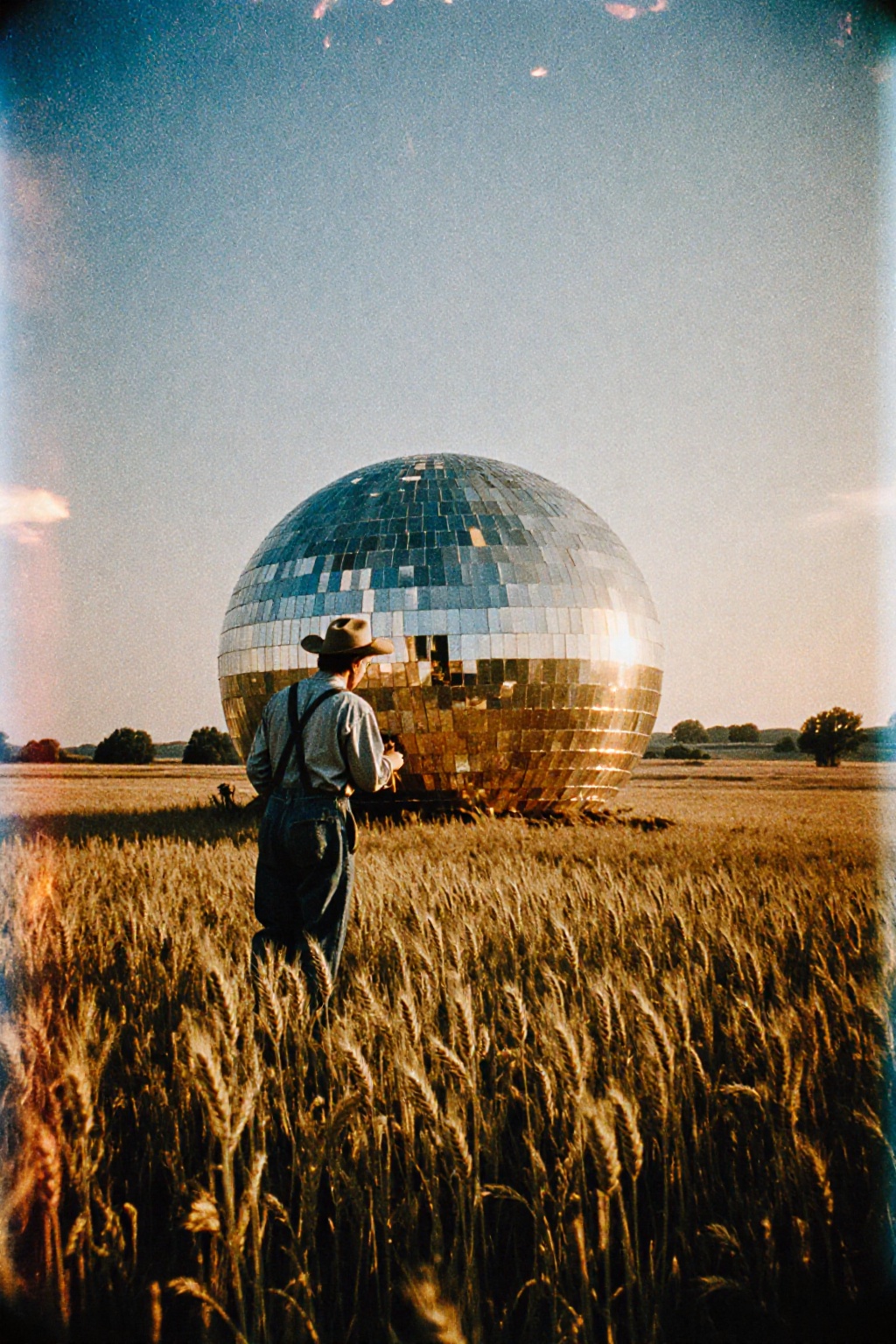 A pastoral landscape shot featuring a farmer in denim overalls standing in a field of dry wheat. Instead of a tractor,  he...