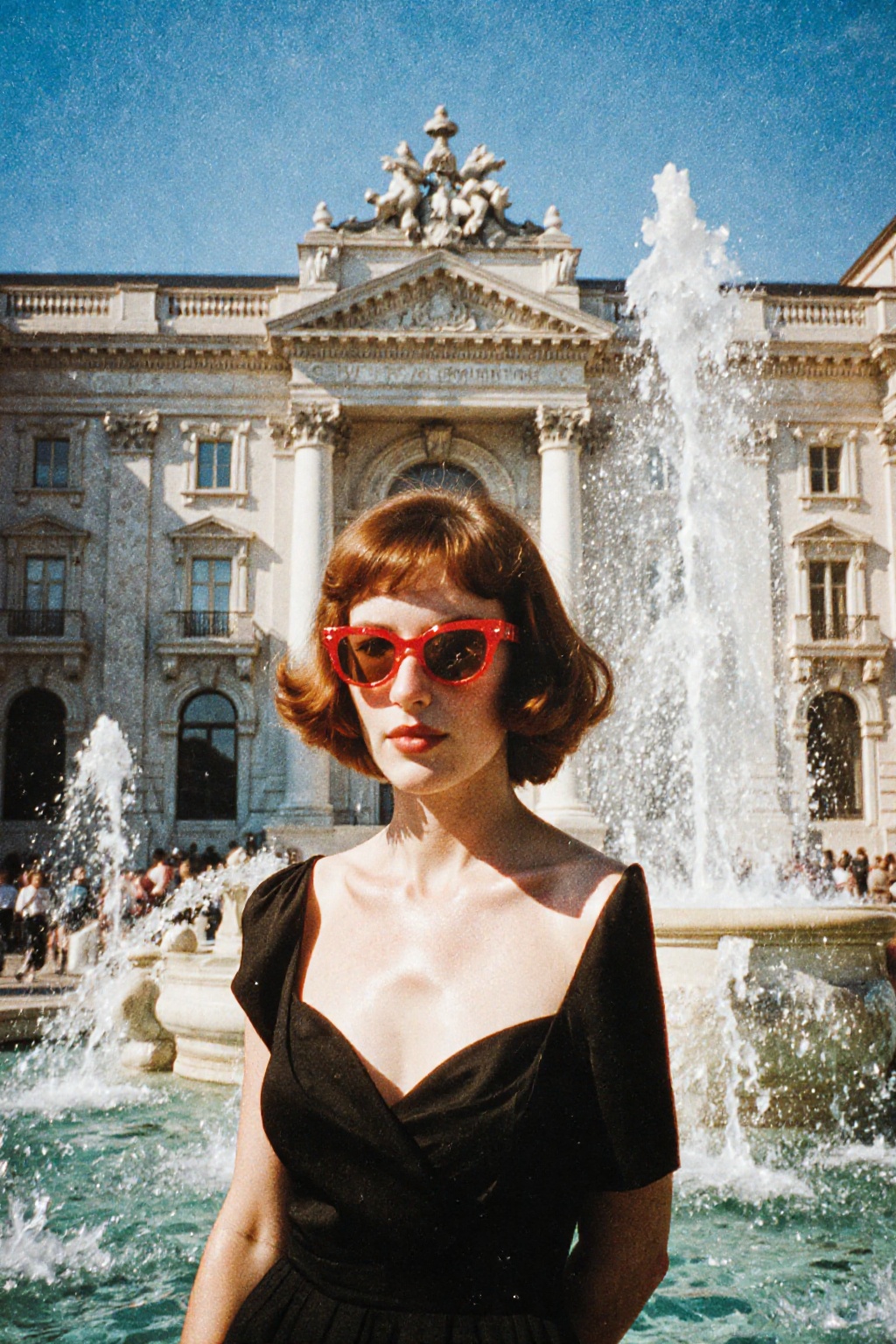 A medium portrait of a woman with auburn bobbed hair and red sunglasses standing in front of a grand,  ornate white buildi...
