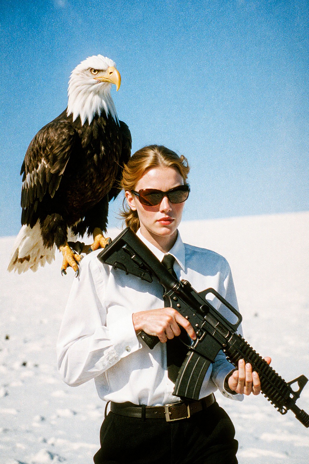 A bizarre,  satirical action shot of a woman in a white dress shirt and tie,  wearing sunglasses in white snow (or sand)....