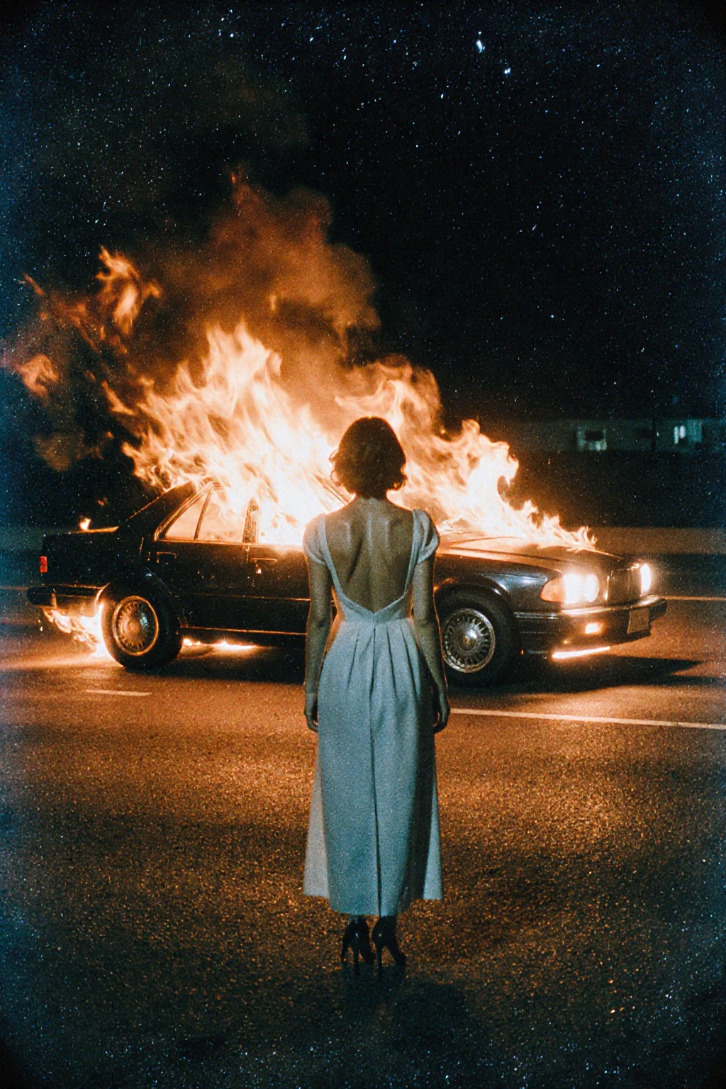 A cinematic shot of a woman in a backless white dress standing on a dark asphalt road. She is facing away from the camera,...