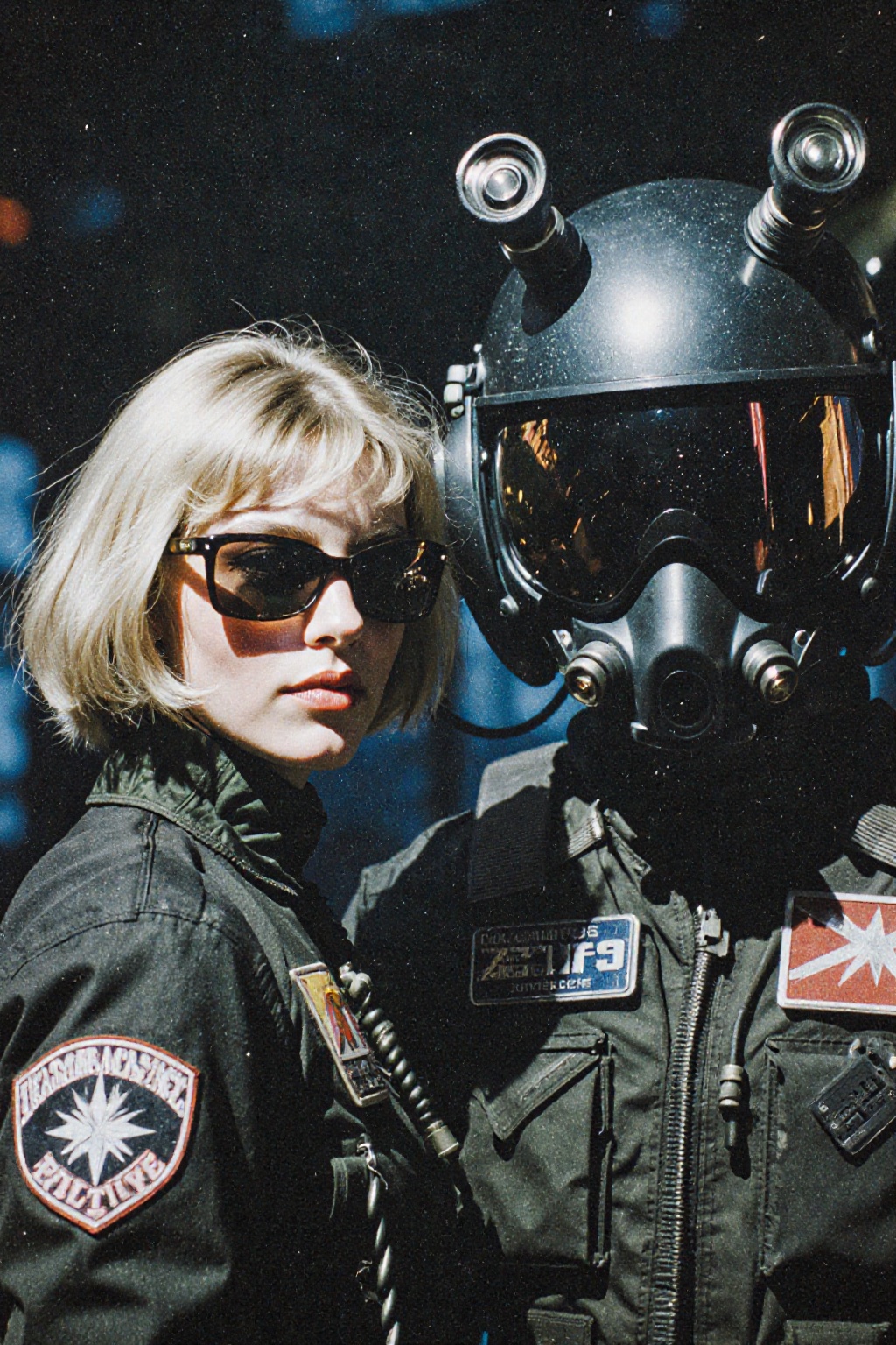 A close-up,  flash-lit shot of two figures in black flight suits. One is a woman with a blonde bob and dark sunglasses loo...
