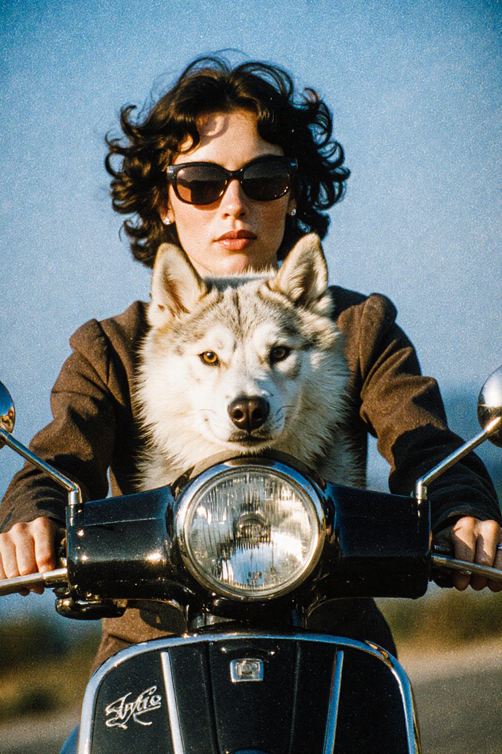 A front-facing shot of a woman with dark curly hair and sunglasses riding a motorcycle or scooter. A white Shiba Inu dog s...