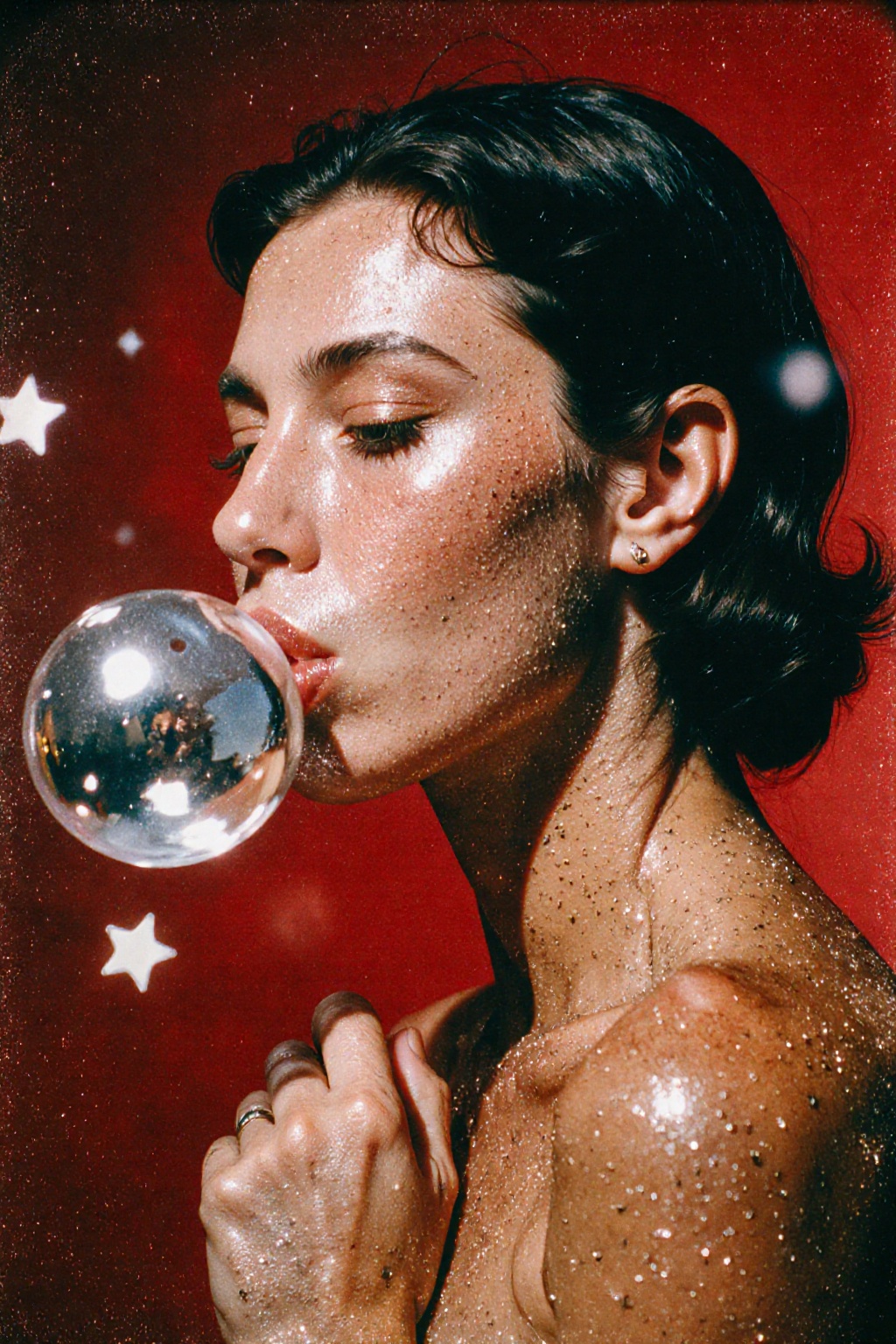 A stylized profile portrait of a woman with slicked-back dark hair and glittery,  sweaty skin. She is blowing a bubblegum...