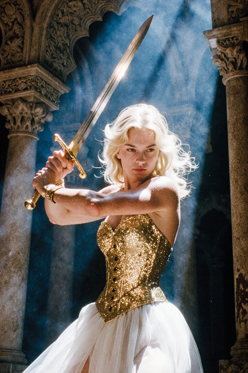 A powerful,  low-angle shot of a blonde woman in a sparkling gold corset and white tulle skirt swinging a longsword. She s...
