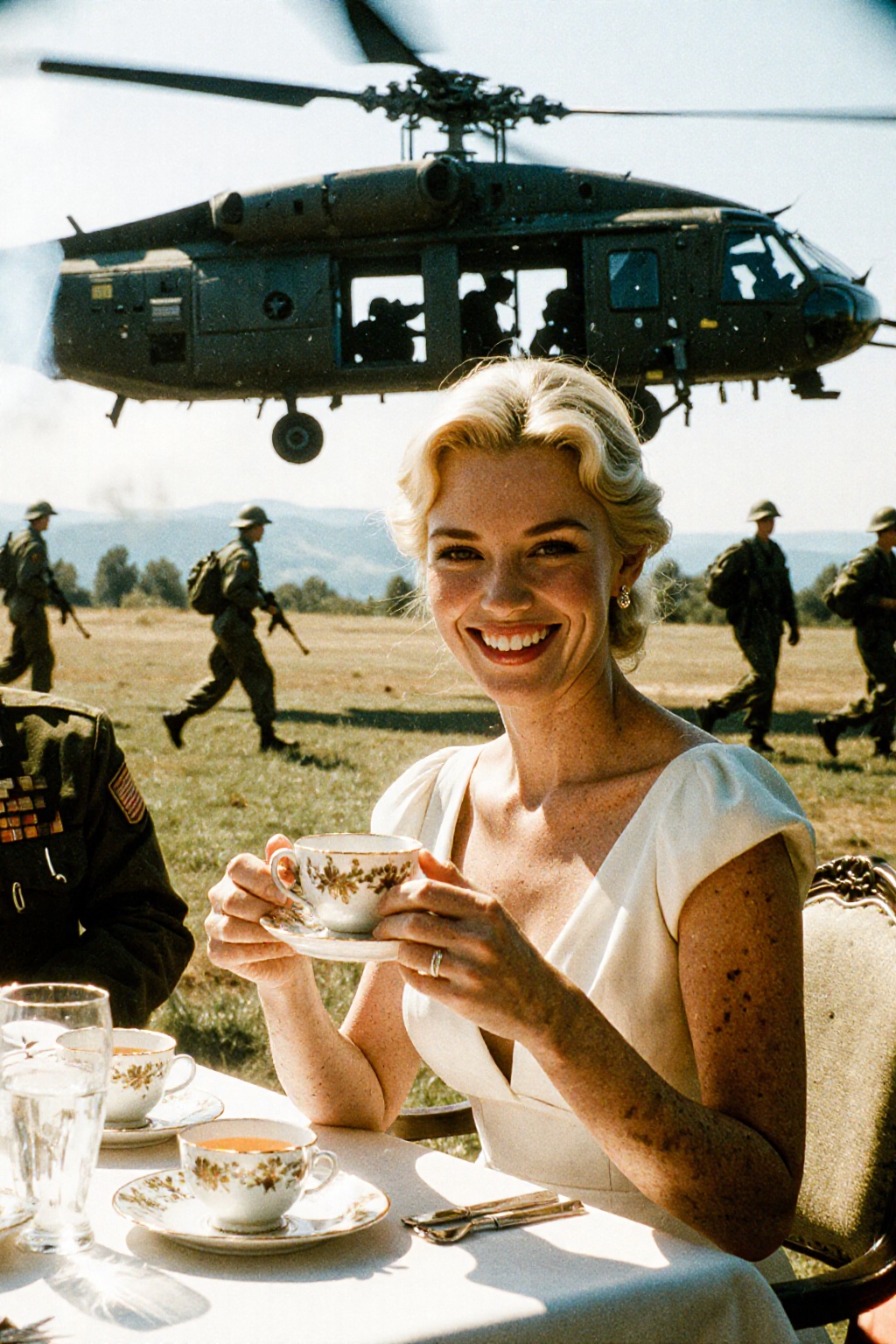 A juxtaposition of luxury and warfare: a blonde woman in an elegant white dress smiles while holding a teacup at a table s...