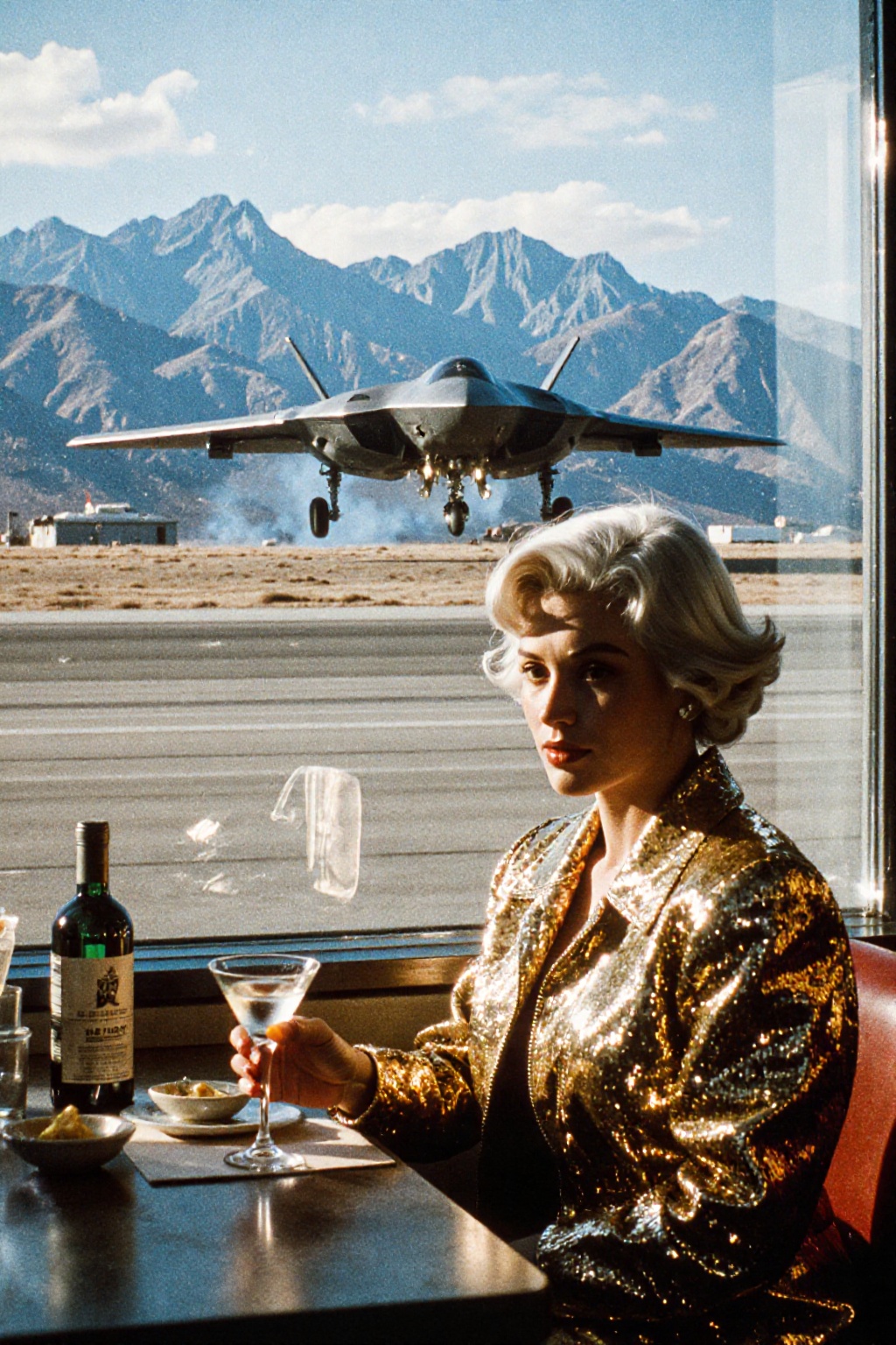 A retro-futuristic scene inside a diner or lounge with a view of an airfield. A woman with short platinum hair and a gold...