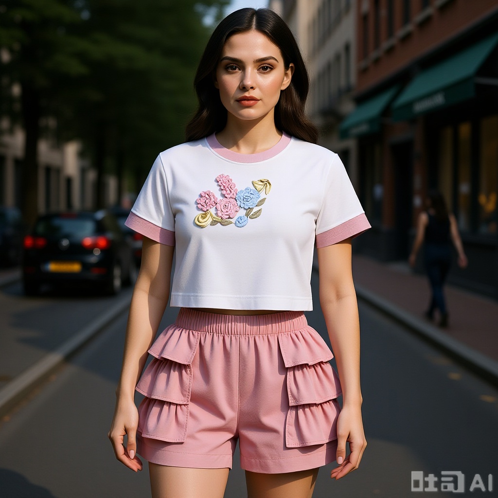 Wear the clothes on the reference picture on one ladies, on the street