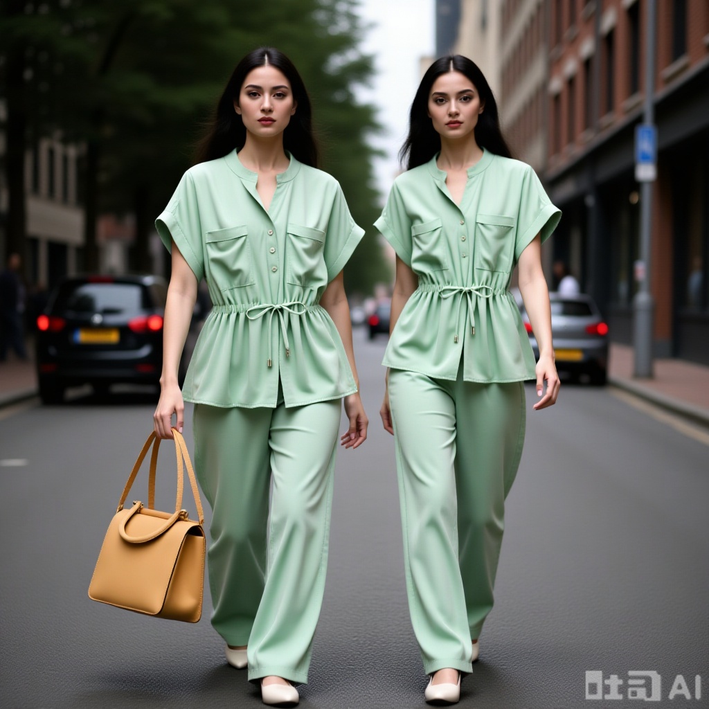 Wear the clothes on the reference picture on two ladies, on the street