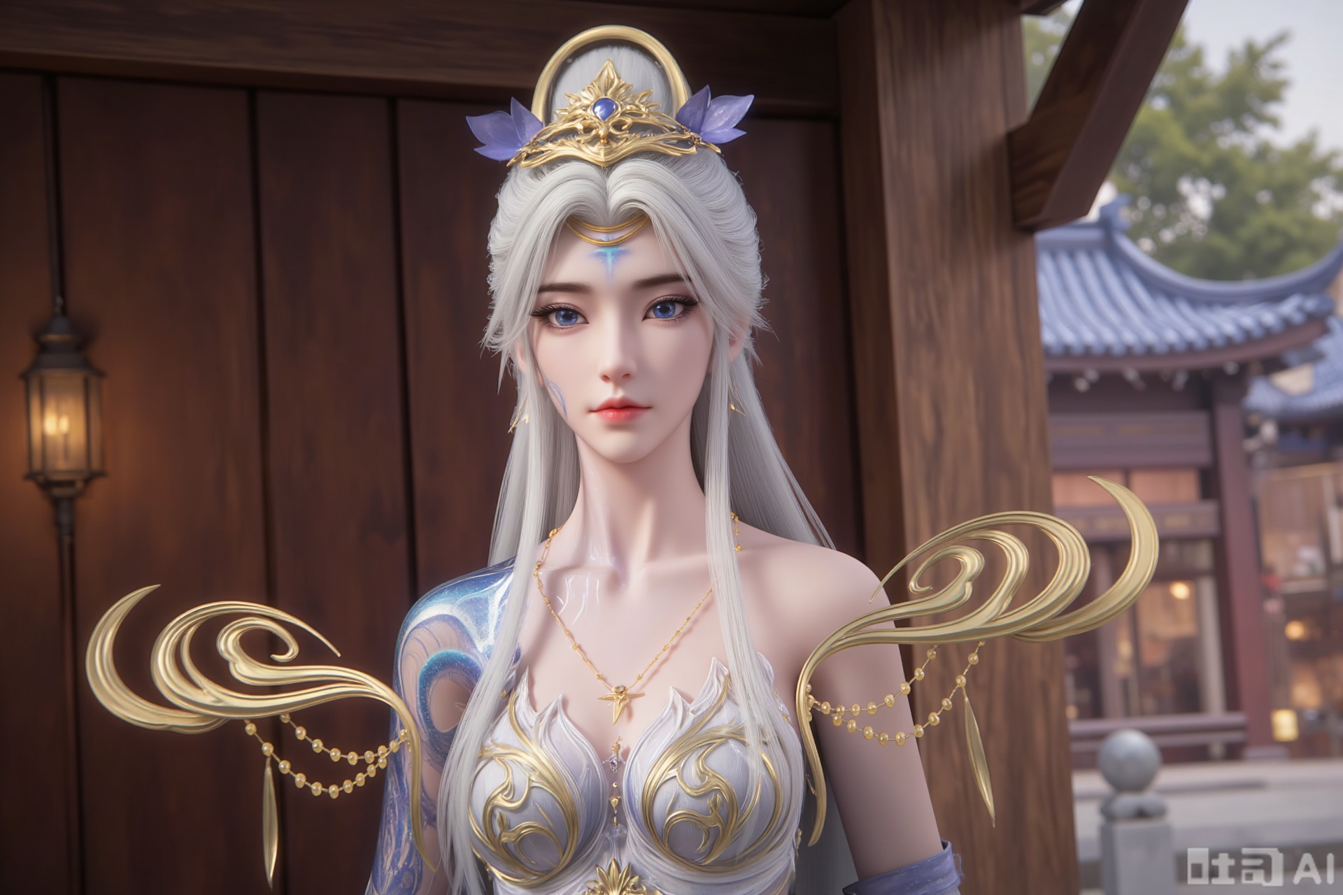 A detailed CGI rendering of a beautiful, ethereal woman with long, flowing white hair and intricate blue and gold tattoos on her body. She wears an ornate, revealing outfit with gold accents and a matching headdress, exuding a regal, fantasy-like appearance. The background features a traditional Japanese setting with wooden architecture and lanterns, suggesting a mix of fantasy and traditional aesthetics. The lighting is soft and warm, highlighting her delicate features and the shimmering fabric of her attire. The overall style is reminiscent of high-quality video game character art, with meticulous attention to detail and a magical, otherworldly atmosphere.