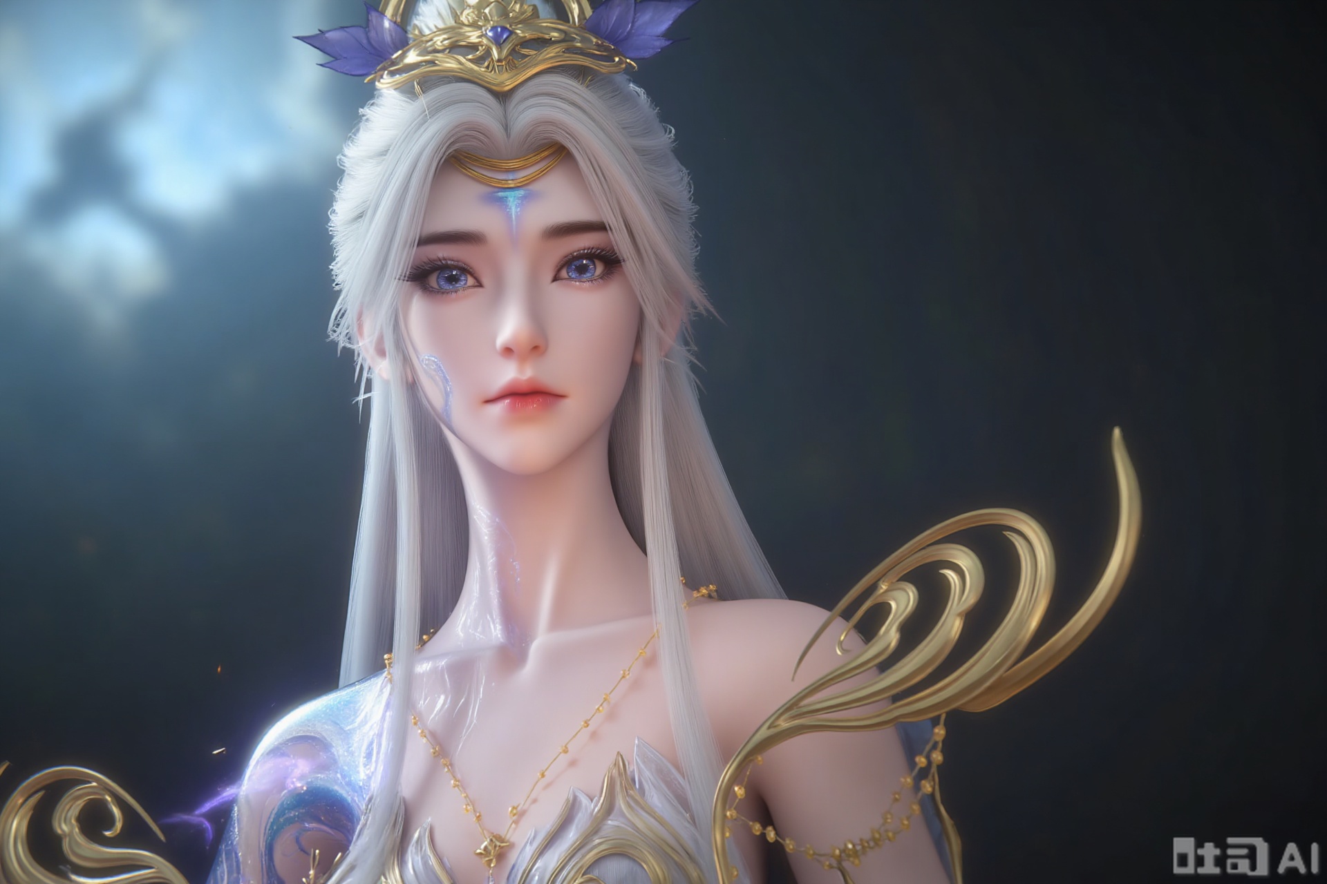 A digital CGI artwork featuring a beautiful, ethereal woman with long, flowing white hair and fair skin. She has a delicate, almost otherworldly appearance with a serene expression. Her eyes are a striking blue, and she wears a golden crown adorned with feathers and a blue gem.  starry staff, which illuminates her and creates a mystical aura. The background is a dark, misty landscape with a faint, glowing full moon. The style is fantasy, with a focus on magical elements and a soft, luminous lighting.