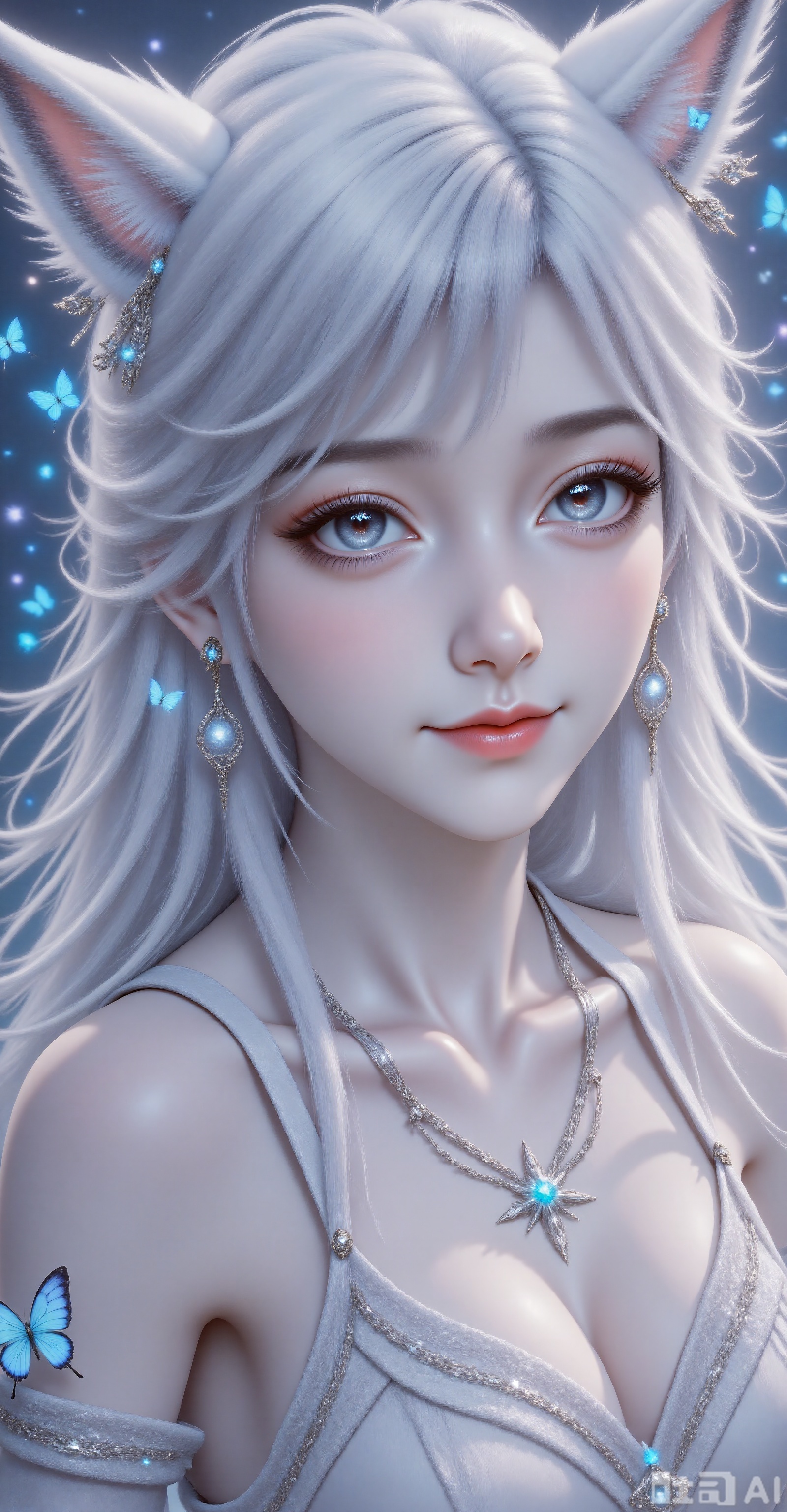 --Role: A woman with white hair, smooth and flowing hair, delicate facial skin, delicate makeup, slender eyelashes, and naturally pink lips. Special effects elements: A large number of blue butterflies surround the characters, some stay on the cheeks and foreheads, some fly between hair, butterfly wings flash with a dreamy luster, and the exquisite starlight effect creates an ethereal atmosphere. posture Facing the camera, the teasing expression and expression were very calm, and there was a hint of longing, giving people a feeling of immersed in beautiful fantasies.