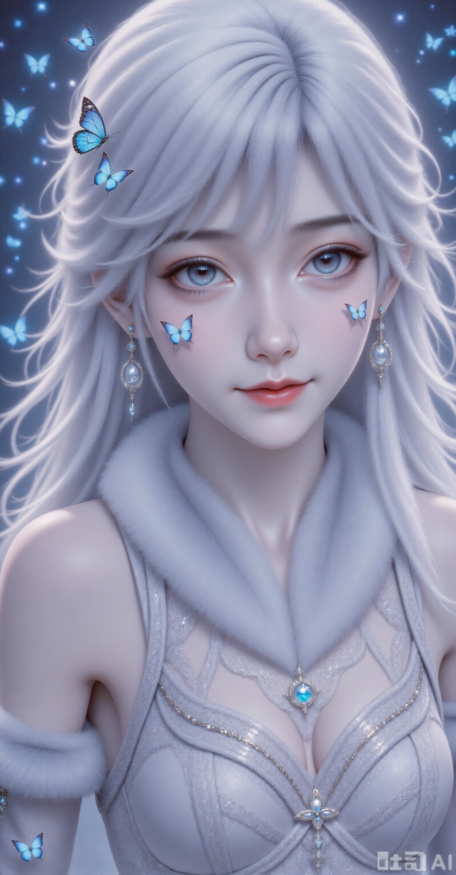 --Role: A woman with white hair, smooth and flowing hair, delicate facial skin, delicate makeup, slender eyelashes, and naturally pink lips. Special effects elements: A large number of blue butterflies surround the characters, some stay on the cheeks and foreheads, some fly between hair, butterfly wings flash with a dreamy luster, and the exquisite starlight effect creates an ethereal atmosphere. posture Facing the camera, the teasing expression and expression were very calm, and there was a hint of longing, giving people a feeling of immersed in beautiful fantasies.