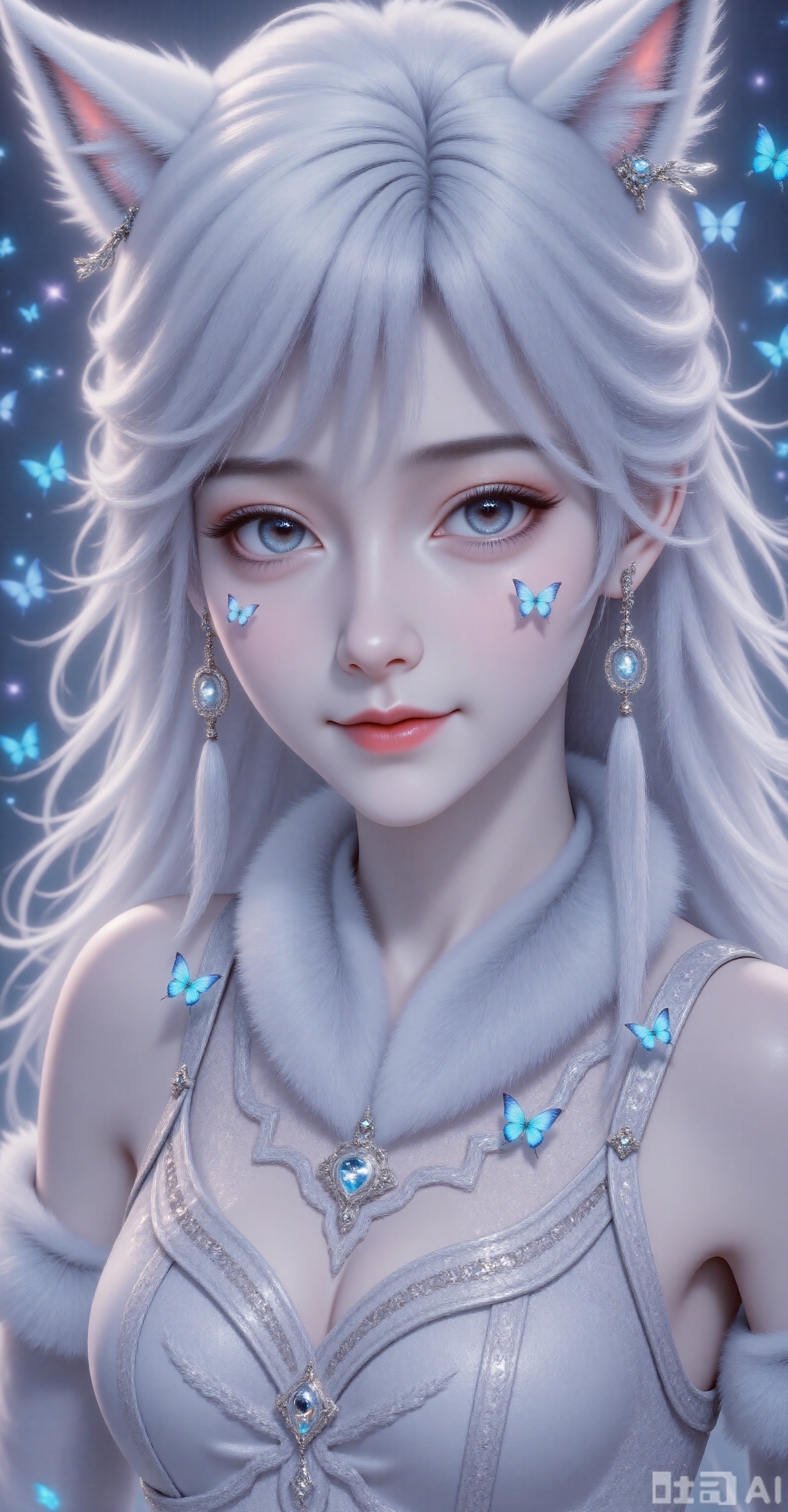 --Role: A woman with white hair, smooth and flowing hair, delicate facial skin, delicate makeup, slender eyelashes, and naturally pink lips. Special effects elements: A large number of blue butterflies surround the characters, some stay on the cheeks and foreheads, some fly between hair, butterfly wings flash with a dreamy luster, and the exquisite starlight effect creates an ethereal atmosphere. posture Facing the camera, the teasing expression and expression were very calm, and there was a hint of longing, giving people a feeling of immersed in beautiful fantasies.