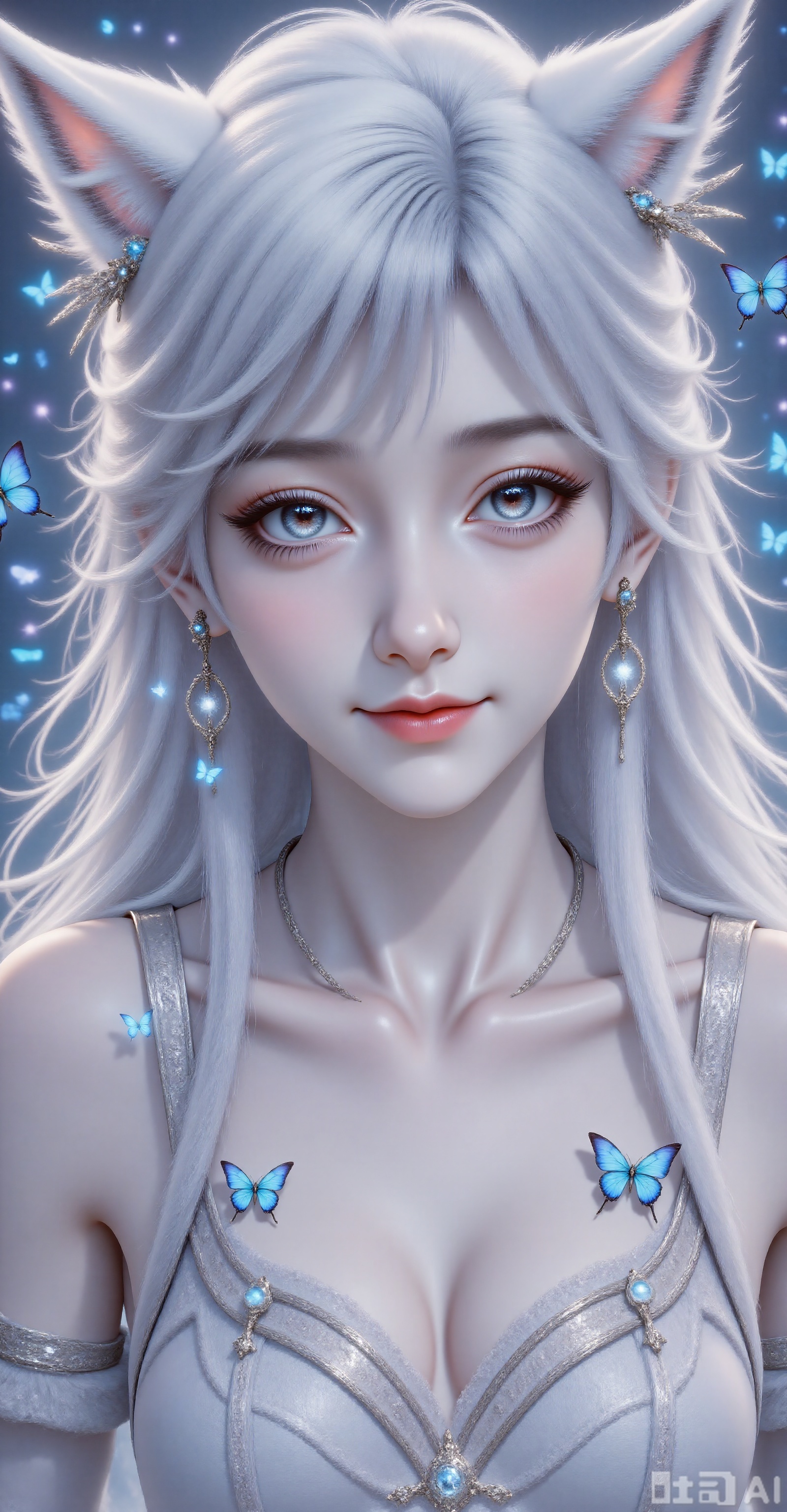 --Role: A woman with white hair, smooth and flowing hair, delicate facial skin, delicate makeup, slender eyelashes, and naturally pink lips. Special effects elements: A large number of blue butterflies surround the characters, some stay on the cheeks and foreheads, some fly between hair, butterfly wings flash with a dreamy luster, and the exquisite starlight effect creates an ethereal atmosphere. posture Facing the camera, the teasing expression and expression were very calm, and there was a hint of longing, giving people a feeling of immersed in beautiful fantasies.